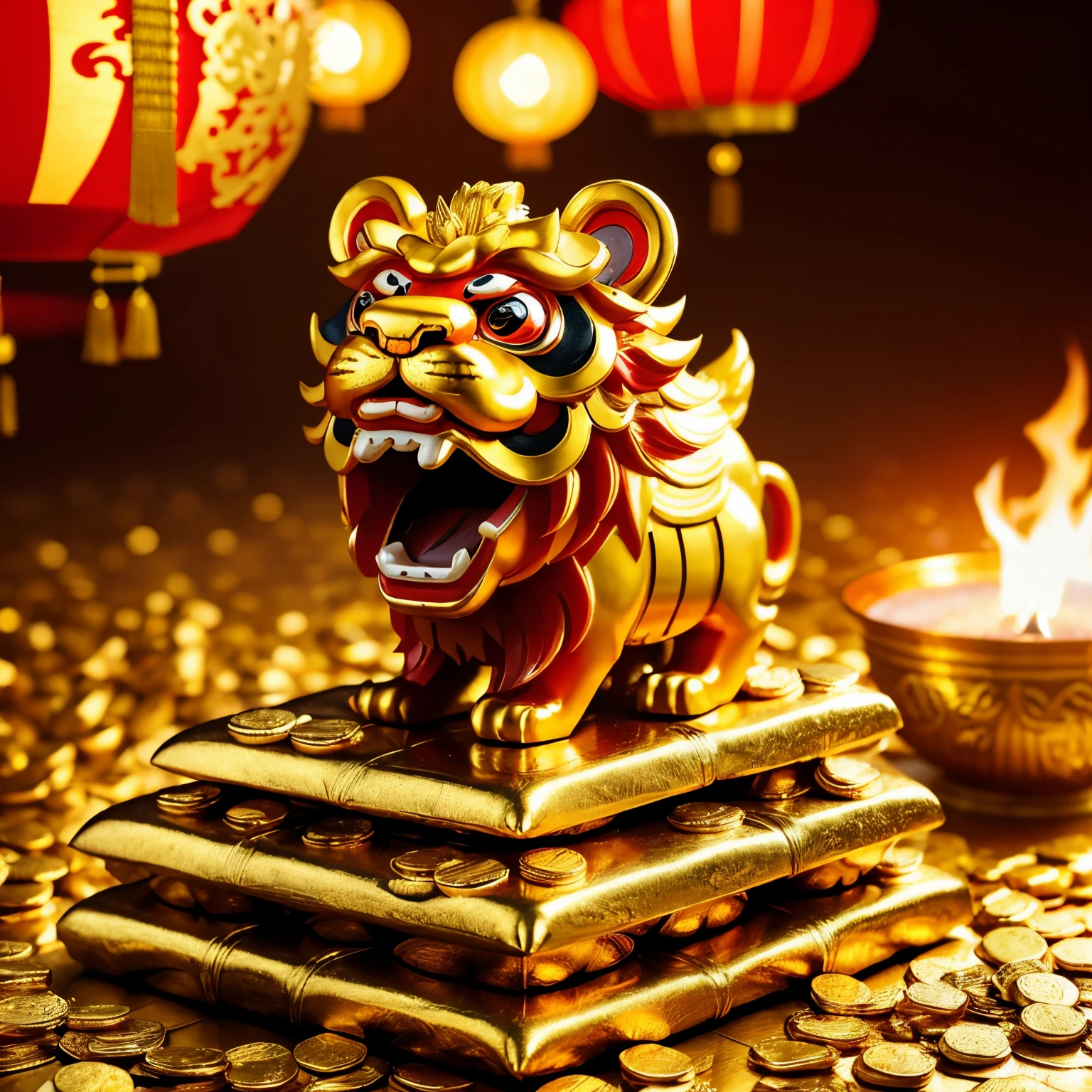 Chinese lion dance on top of a pile of gold bars to celebrate New Year.Fire crackers,laterns.Extreme detail in faces and hands