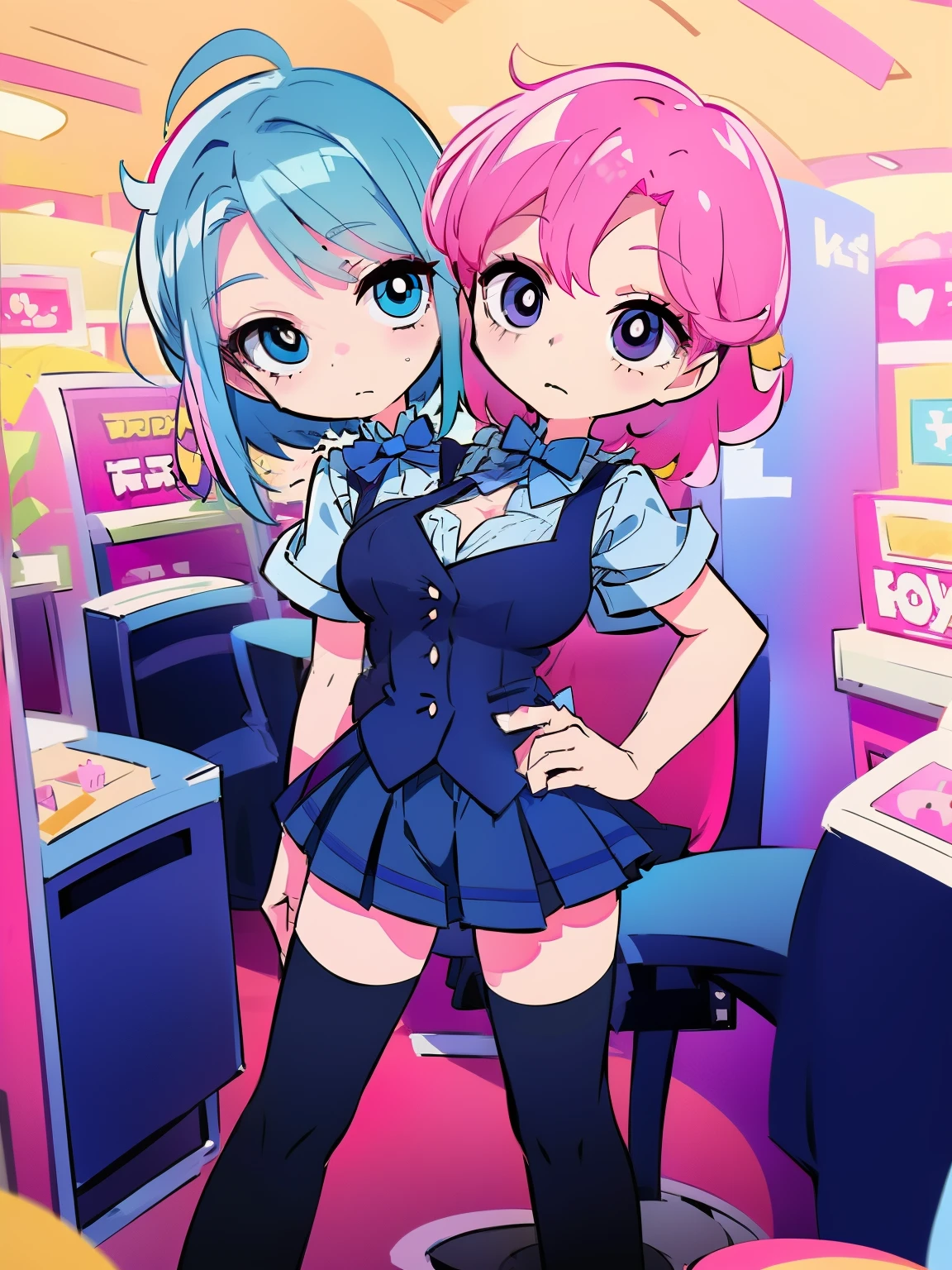 best quality, (masterpiece),(ultra-detailed), (high quality), (high resolution), ((2heads:1.5)), 1girl, ((blue hair)),((magenta pink hair)), black eyes,  black thighhighs, pleated skirt, plaid skirt, worker uniform, one side up, ((blue bow tie)), sweater, white shirt, hair scrunchie, miniskirt, cowboy shot, standing, ((toy factory background))