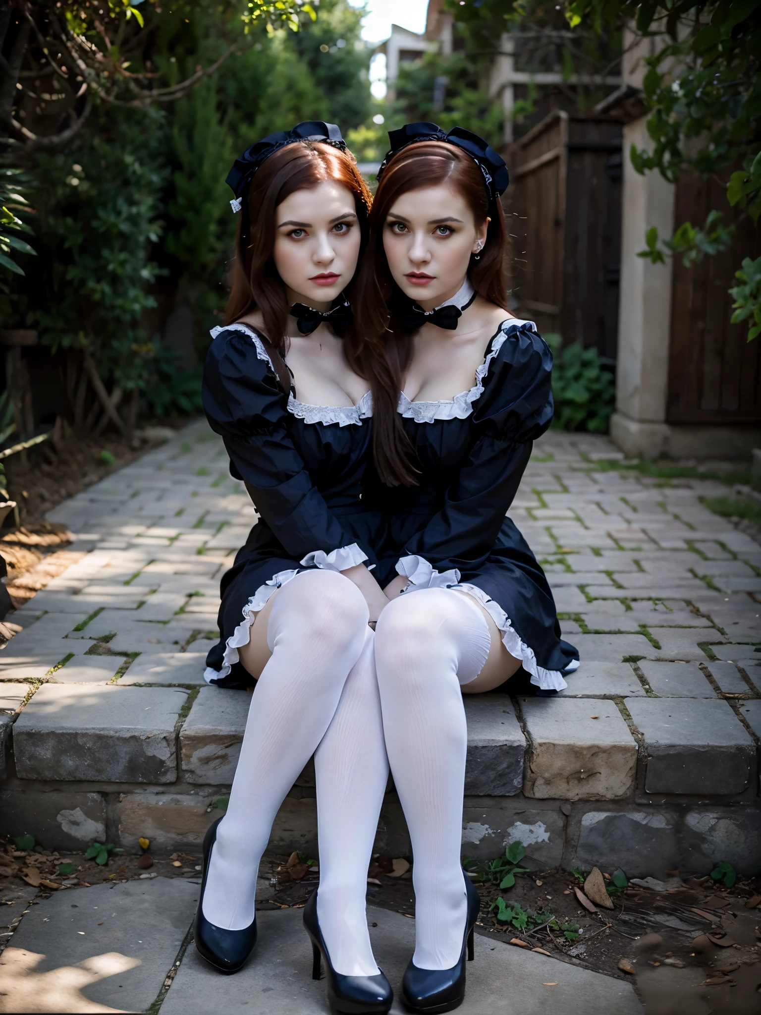 Two headed Goth ta girl, 2heads, curvy, age 21, pale skin, dark eyes, sitting in an outdoor garden, dark blue elegant Loliress, dark red hair in white ribbons, knee high socks, black heels, legs crossed, very realistic,