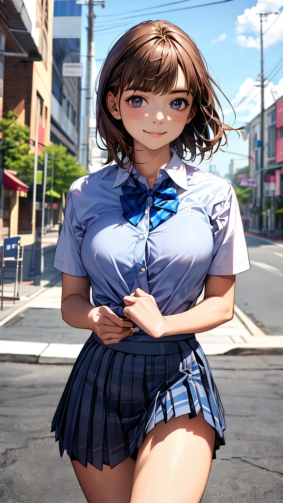 (masterpiece:1.2, top-quality), (realistic, photorealistic:1.4), beautiful illustration, (natural side lighting, movie lighting), 
looking at viewer, full body esbian, front view:0.6, 1 girl, japanese, high school girl, perfect face, cute and symmetrical face, shiny skin, 
(middle hair:1.5), light brown hair, swept bangs, long eye lasher, large breasts:0.8, 
beautiful hair, beautiful face, beautiful detailed eyes, beautiful clavicle, beautiful body, beautiful chest, beautiful thigh, beautiful legs, beautiful fingers, 
((short sleeve collared white shirt, school uniform, blue checked pleated skirt, blue plaid bow tie)), pink panties, 
(beautiful scenery), morning, (down town), walking, (cute, lovely smile),