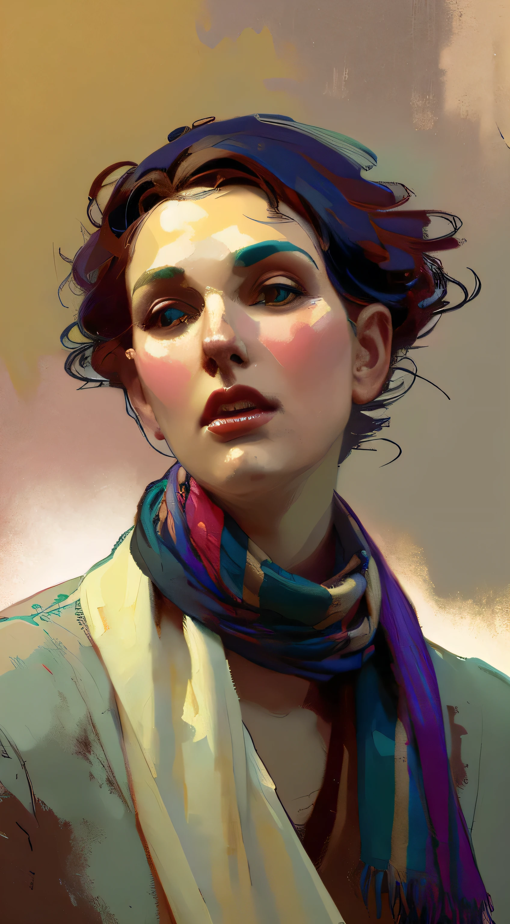 a painting of a woman with a scarf on her neck, craig mullins alphonse mucha, artgerm craig mullins, beautiful character painting, rhads and lois van baarle, artgerm and atey ghailan, charlie bowater rich deep colors, ross tran 8 k, ( ( mads berg ) ), artgerm and craig mullins