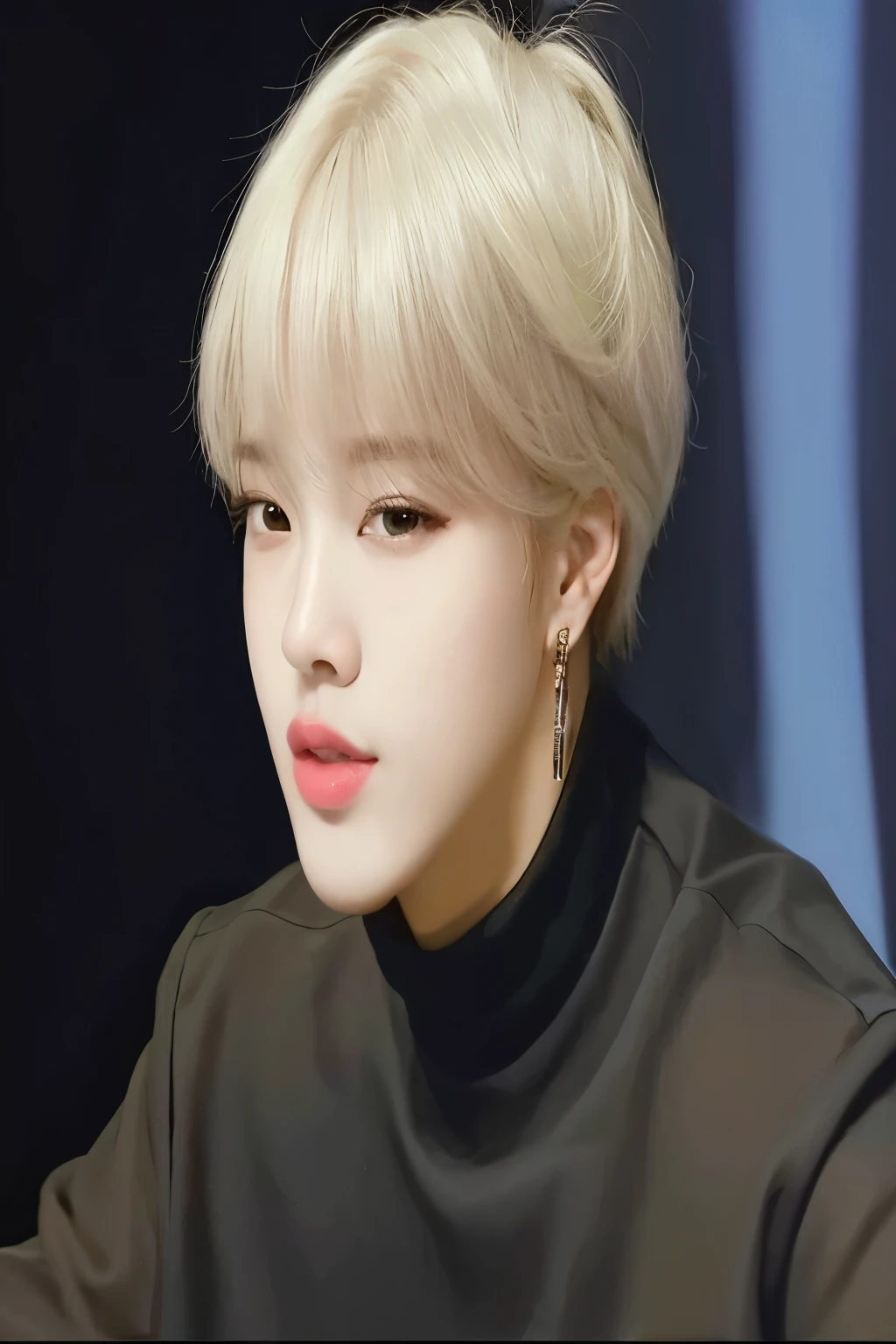um close up de uma pessoa com uma camisa preta e um microfone, Jimin\the full lips, park Jimin, accurate Jimin face, Jimin, Jimin\o nariz grego, Jimin\the right eyelid is swollen, Yoongi de cabelo preto, Jung Jaehyun, Kim Doyoung, hyung tae, com cabelo curto, Retrato de Jossi do Blackpink
