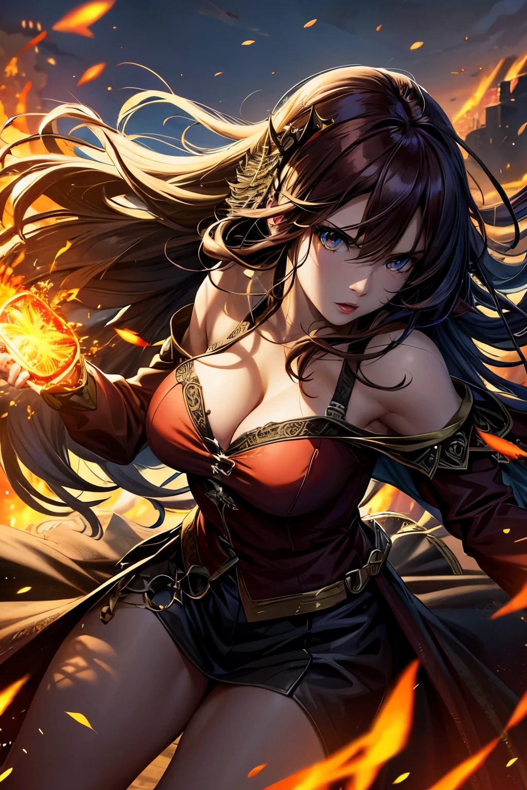 (best quality,highres),beautifully detailed face,detailed eyes,long flowing dark hair,beautiful joker's wife,engaged in an intense battle,her wings spread wide,confronting a colossal monster,background engulfed in flames,a fierce and chaotic battleground,warriors fighting with all their might, vibrant colors illuminate the scene,adrenaline pumping through the air.