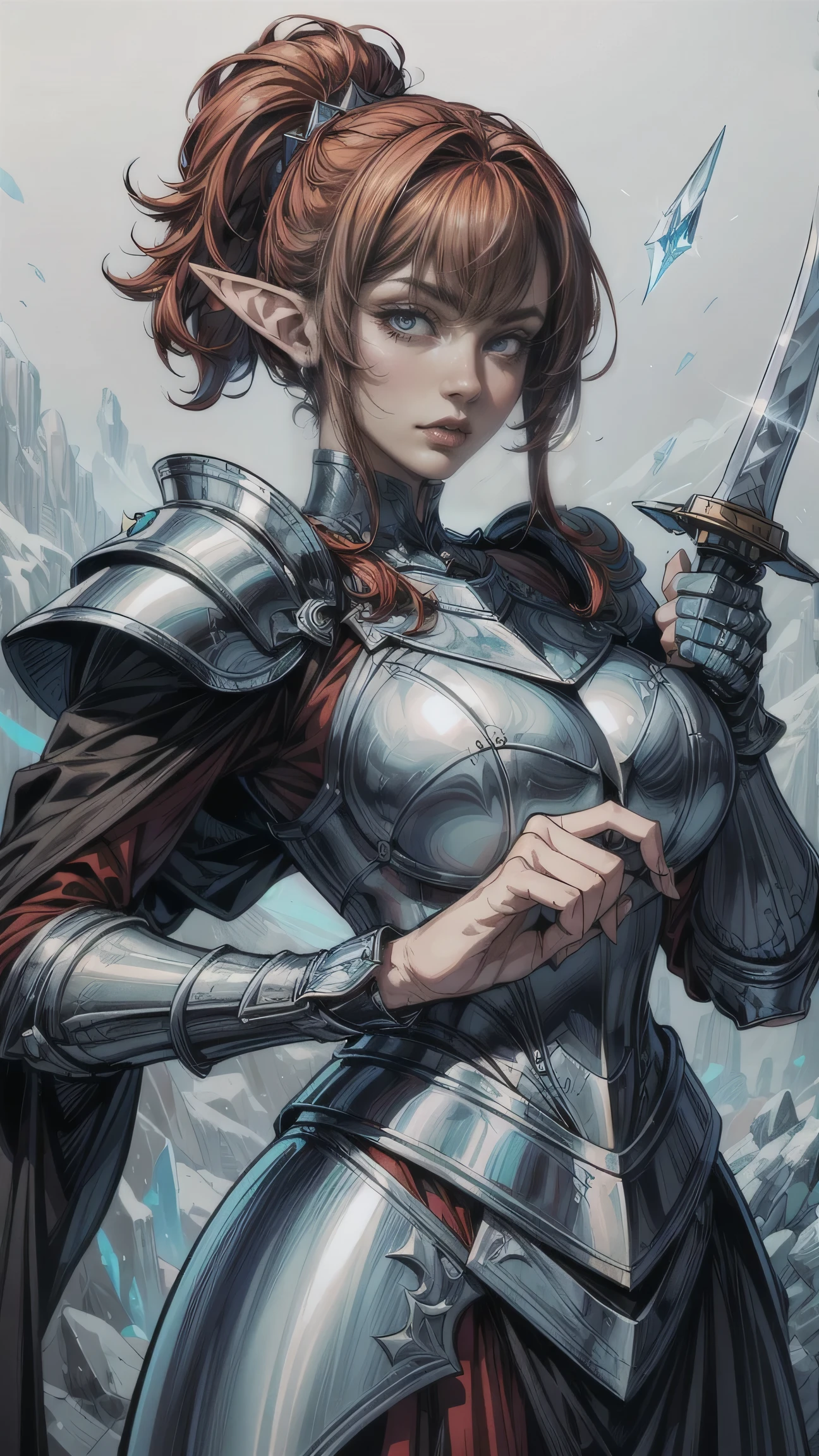 red hair ,elf ears,(colorful line art logo portrait) of royal knight, plate armor, (holding blue-glowing legendary sword with both hands:1.3), ice shards are scattering around