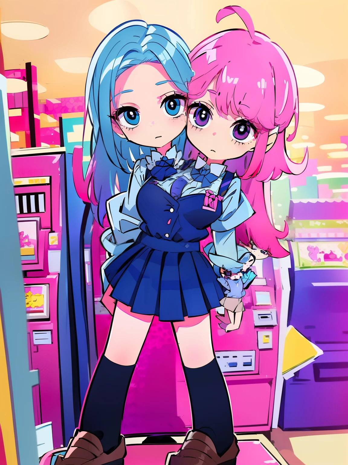 best quality, (masterpiece),(ultra-detailed), (high quality), (high resolution), ((2heads:1.5)), 1girl, ((blue hair)),((magenta pink hair)), black eyes, pleated skirt, plaid skirt, (worker uniform), ((blue bow tie)), sweater, white shirt, hair scrunchie, miniskirt, cowboy shot, standing, ((toy factory background))