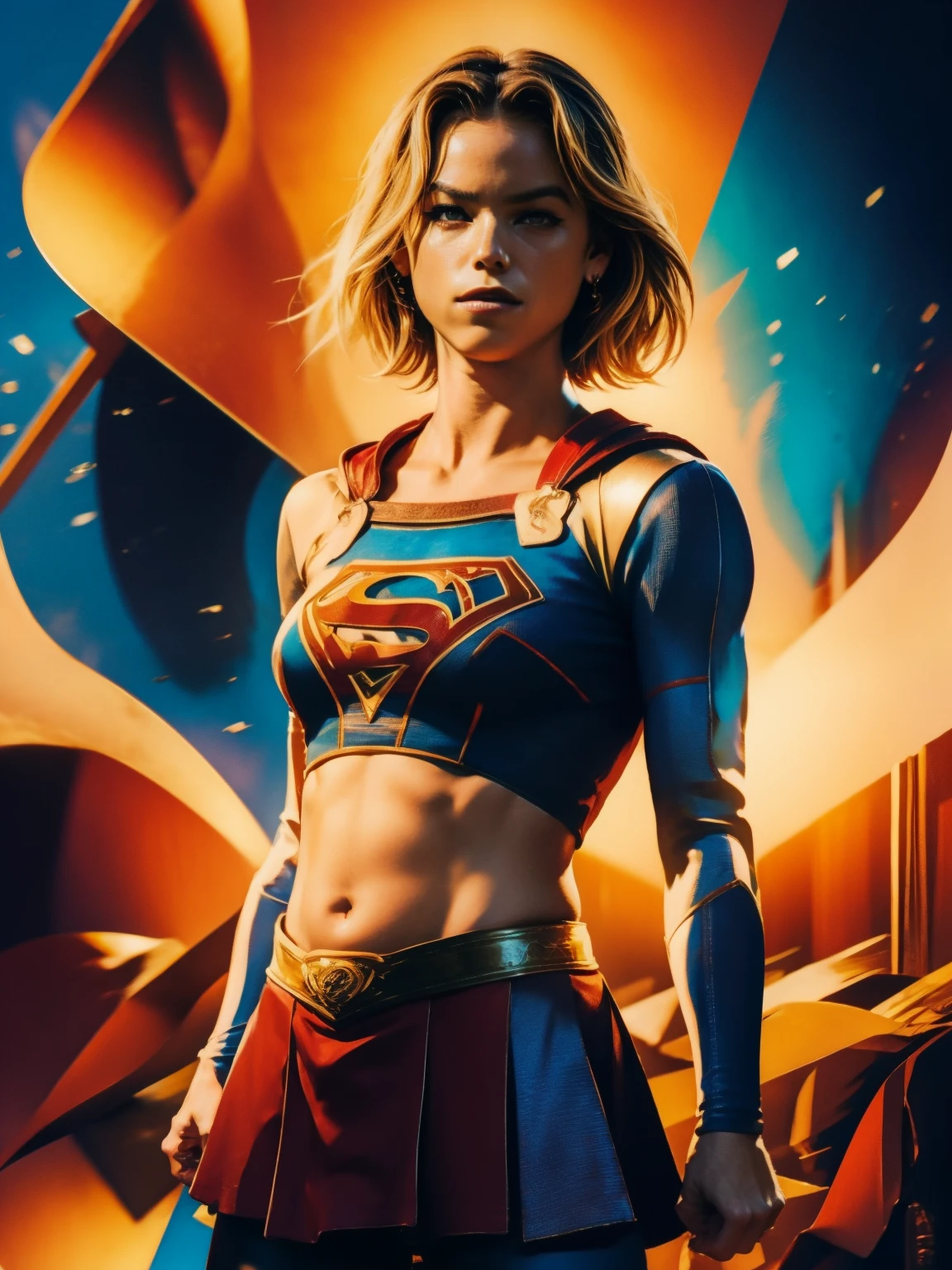 Cinema poster. (((A comic style, cartoon art))). Supergirl Posing for photo (((in epic heroic pose))) , wearing his iconic red and blue uniform, Wearing a little red skirt , Showing the belly . (((Hot Body, camel toes))). ((((Abstract Comic background )))) , vivid colors, detailed, detailed face, realistic shadows and bright, glowing.