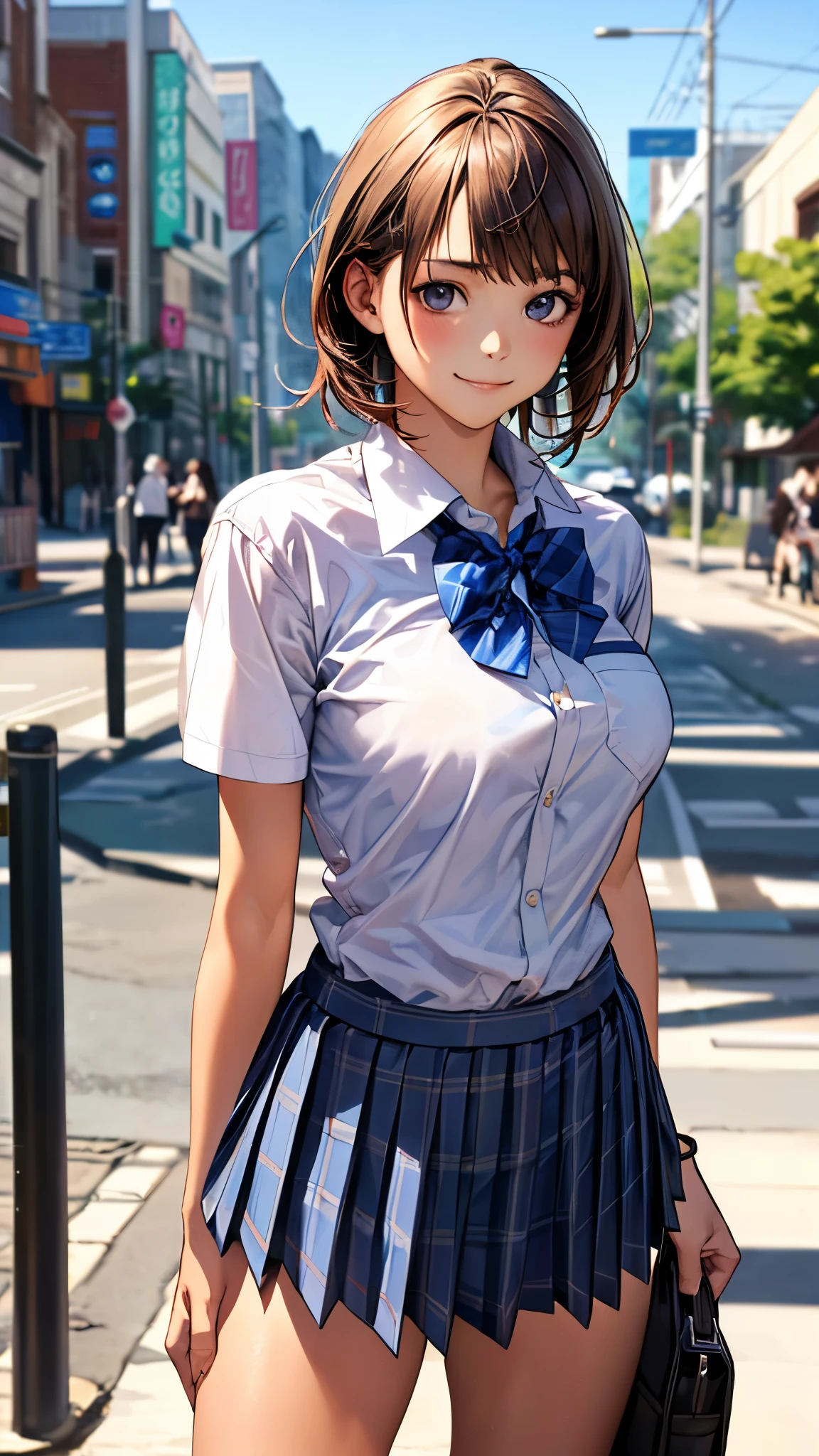 (masterpiece:1.2, top-quality), (realistic, photorealistic:1.4), beautiful illustration, (natural side lighting, movie lighting), 
looking at viewer, full body esbian, front view:0.6, 1 girl, japanese, high school girl, perfect face, cute and symmetrical face, shiny skin, 
(middle hair:1.5), light brown hair, swept bangs, long eye lasher, large breasts:0.8, 
beautiful hair, beautiful face, beautiful detailed eyes, beautiful clavicle, beautiful body, beautiful chest, beautiful thigh, beautiful legs, beautiful fingers, 
((short sleeve collared white shirt, school uniform, blue checked pleated skirt, blue plaid bow tie)), pink panties, 
(beautiful scenery), morning, (down town), standing, (cute, peace sign, lovely smile, upper eyes), 