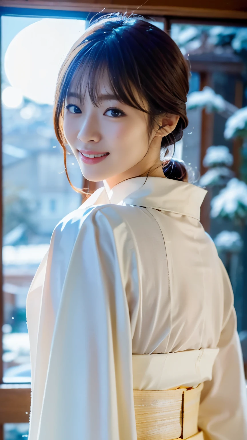 A beautiful woman standing in a wooden log house at night wearing a pure white thin kimono that shows little skin.,(((In the moonlight of a blizzard I can see from the window, a snow woman wearing a plain white kimono looks at me and puts her hand on the wooden window frame.))),Full-body photography from behind,best image quality,professional angle of view,Exceptional detail,Super high resolution,realistic:1.4),high detail,focus on details,1girl concentrated in high concentration,long hair,delicate and beautiful face,The white underwear is dazzling,Long limbs and slim waist like a model,White Pin Heels,The best smile with raised eyebrows and corners of the mouth,
