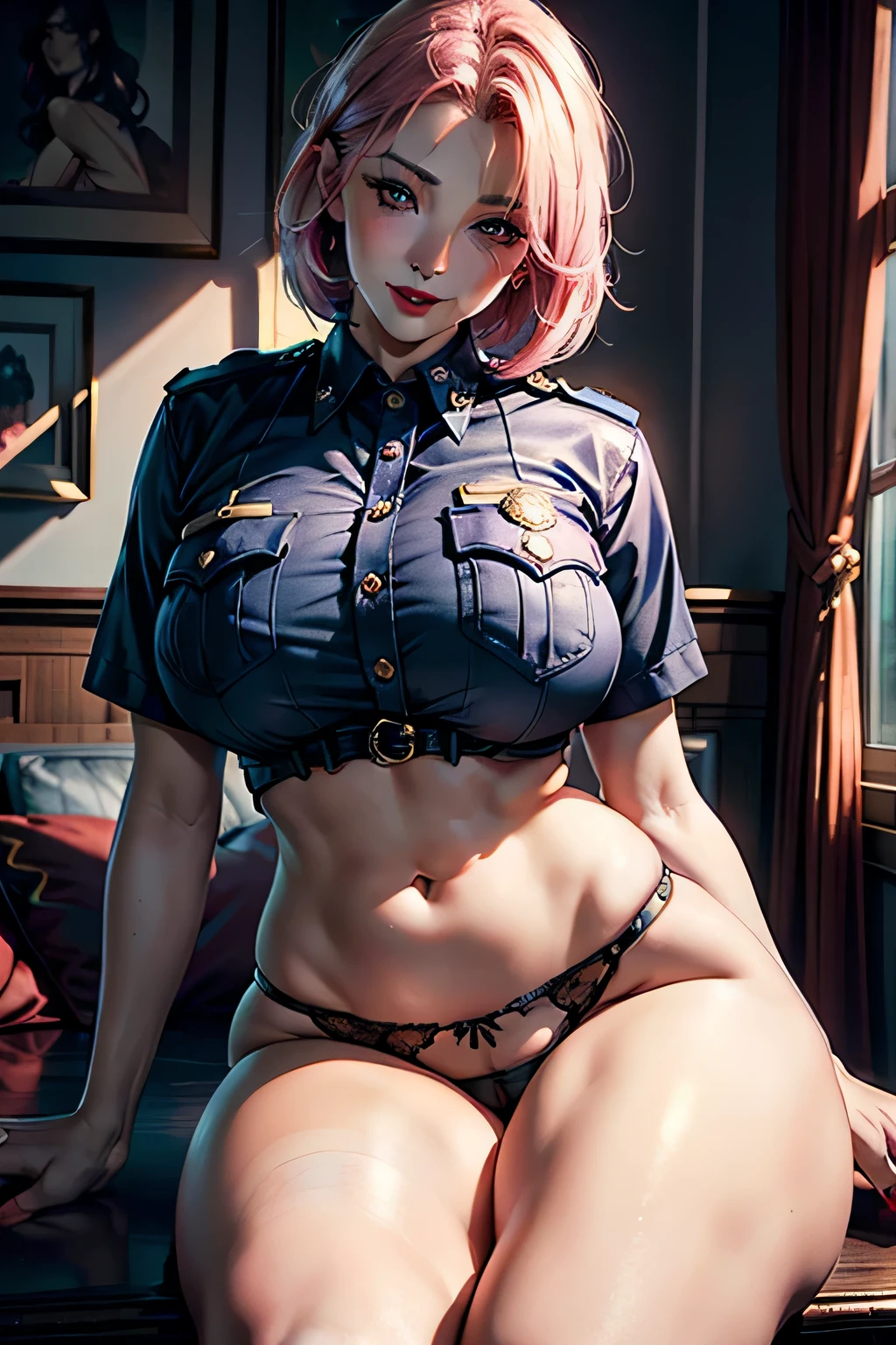 1 beautiful mature slut, alone, gorgeous face, (blush)、((Wearing a police uniform)), grin and laugh、red lips, eye shadow, eyeliner, (open crotch)、huge breasts, thighs thighs, Sit down、Pink bob hair, lingerie, (masterpiece, highest quality, 8K, realistic)