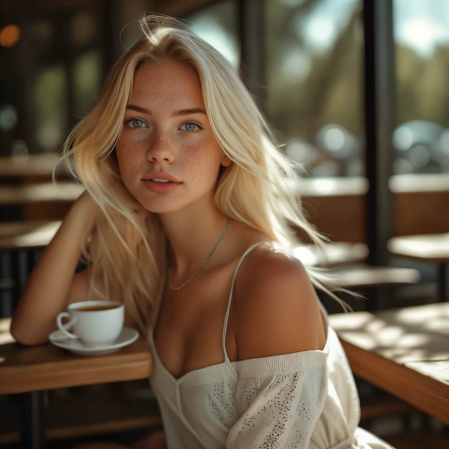 summer6, beautiful blonde, detailed skin texture, freckles, in the cafe, loose dress