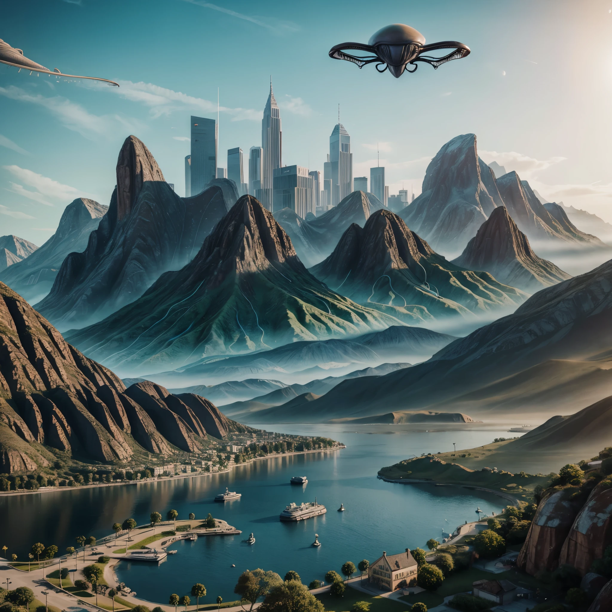 Landscape with buildings, (Alien:1.6), hyper realistic, 8k, vibrant colors, sharp image