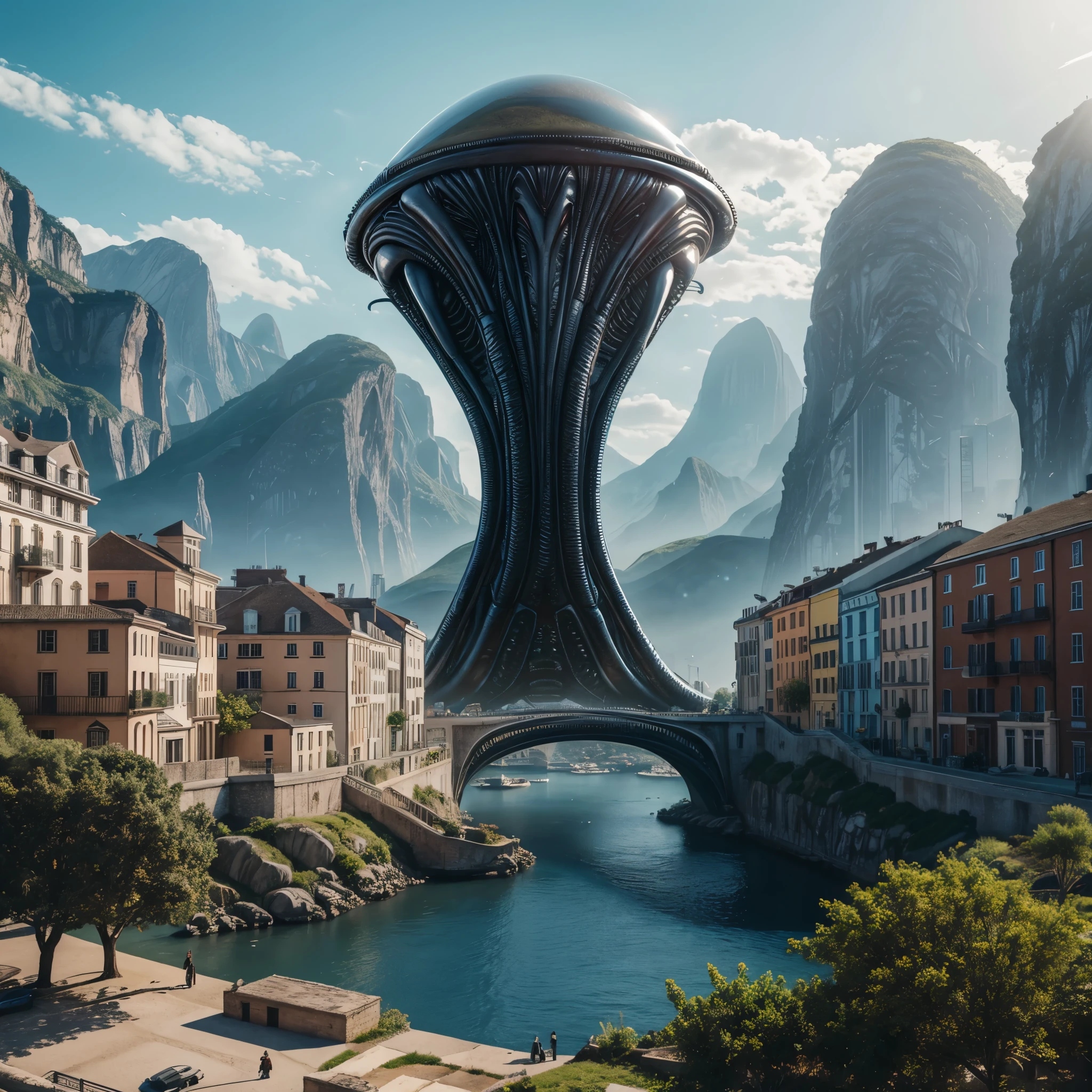 Landscape with buildings, (Alien:1.6), hyper realistic, 8k, vibrant colors, sharp image