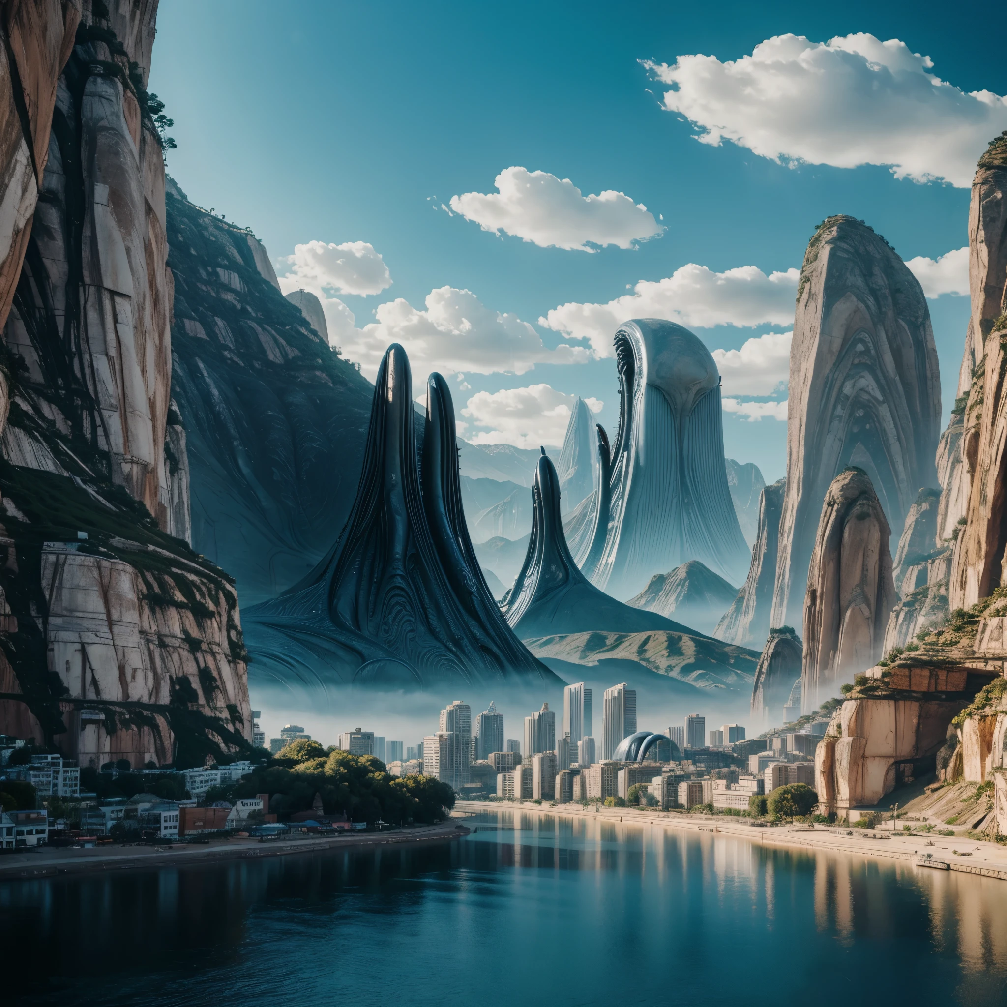 Landscape with buildings, (Alien:1.6), hyper realistic, 8k, vibrant colors, sharp image