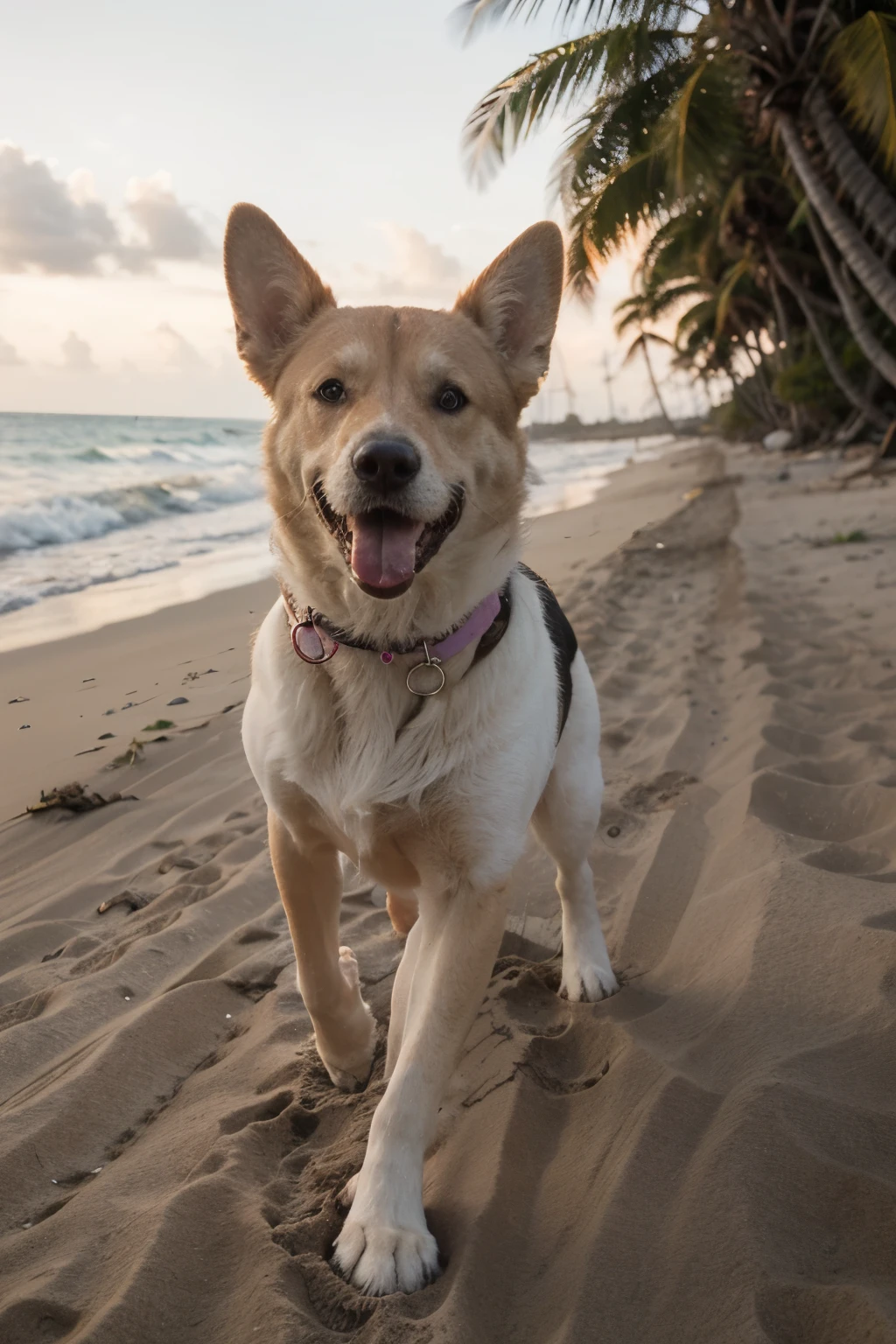 Design a lush tropical setting, with palm trees swaying gently in the wind and a golden sandy beach stretching as far as the eye can see. No centro da cena, a happy and excited dog is running across the sand, your tongue hanging out and your tail wagging frantically. Ele parece estar se divertindo muito enquanto corre livremente pela praia, saltando ocasionalmente para brincar com as ondas quebrando na costa. The sun is setting on the horizon, Painting the sky with shades of orange and pink, criando uma atmosfera tranquila e serena. Ao fundo, uma pequena ilha verde emerge do mar azul-turquesa, adding an extra touch of magic and adventure to the setting. Esta imagem captura a alegria e a liberdade de um cachorro em seu elemento, making the most of every moment on the paradise island."
