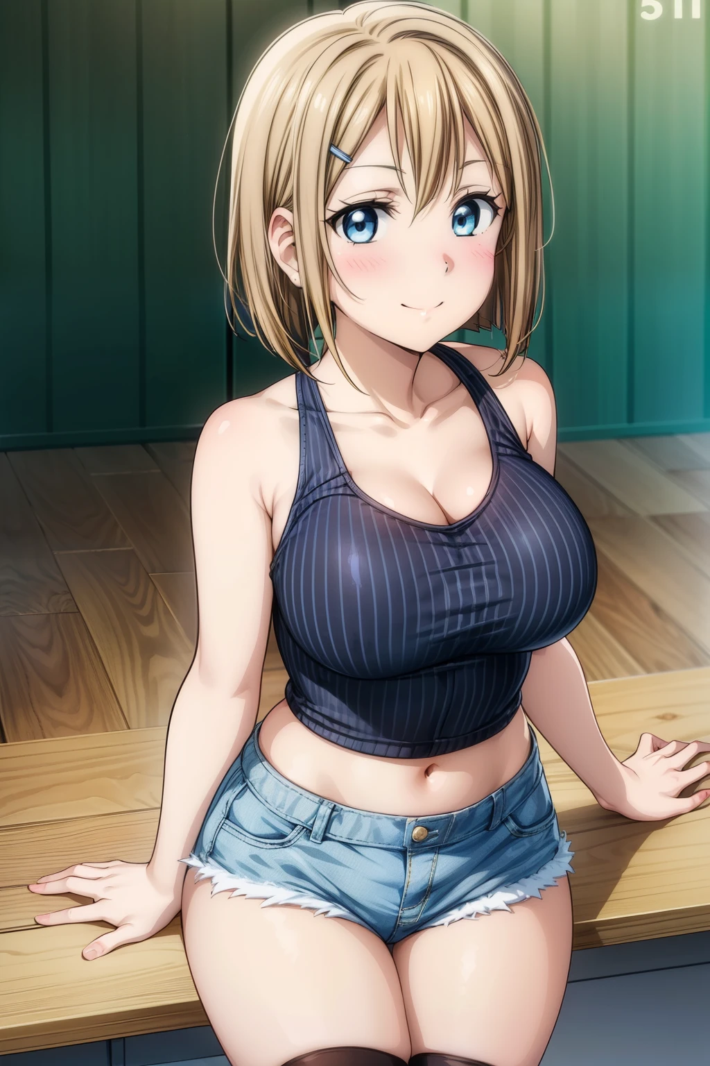 (one girl, 1girl:1.1), (solo:1.3), (cowboy shot:1.2), (cleavage:1.1), (tank top), navel, (flustered, blush, nose blush, ear blush:1.3), looking at viewer,(big breasts:1.3), long eyelashes, detailed eyes, (light blue eyes:1.2), (brown hair:1.2), (short hair, forehead:1.2), (bob cut:1.1), (naughty face, smile:1.2), (denim shorts:1.2), (White background), (striped_thighhighs:1.3), black_thighhighs, crossed legs,