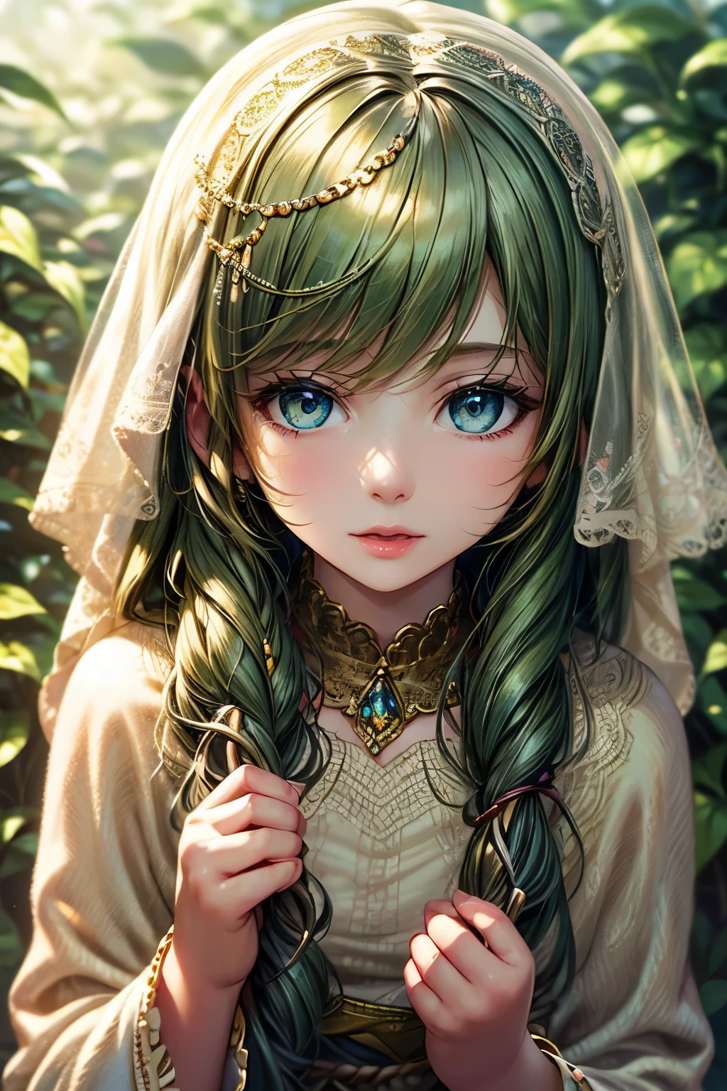 beautiful detailed eyes,beautiful detailed lips,extremely detailed eyes and face,long eyelashes,soft and vibrant colors,studio lighting,A girl in a garden,hand-painted,high-resolution,small details,ethereal atmosphere,blurred background,delicate brushstrokes,subtle texture,serene expression,captivating gaze