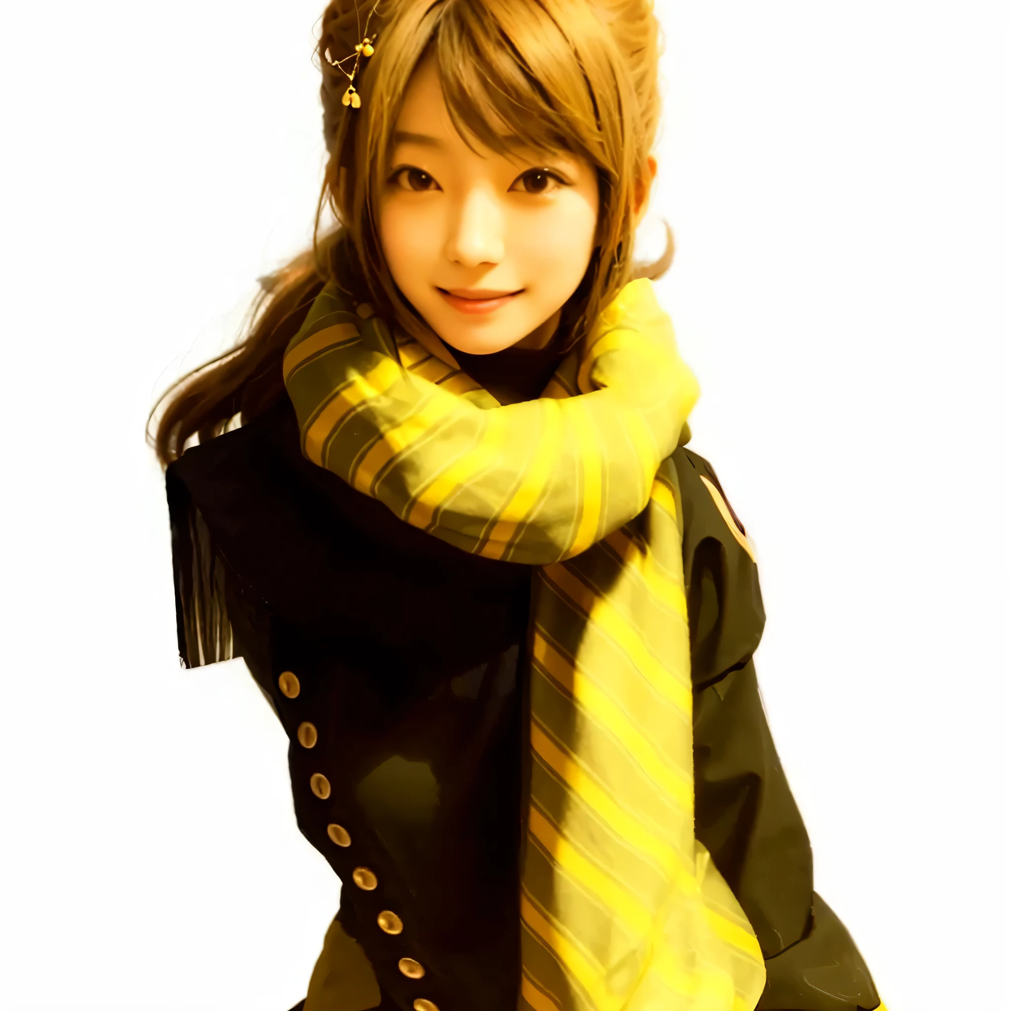 A brown-haired Japanese man wearing a large yellow scarf, 25 years old, smile, black clothes, Warm atmosphere