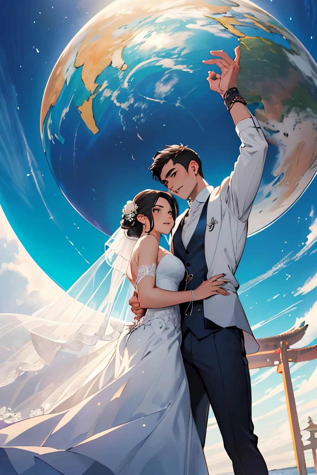 desenho estilo "hora de aventura" de um casal olhando um para o outro, separados por um globo do tamanho deles, The Girl, Asian, sentada no globo perto da Asia, the boy with long hair tied up standing leaning against the globe, os dois vestidos para o casamento