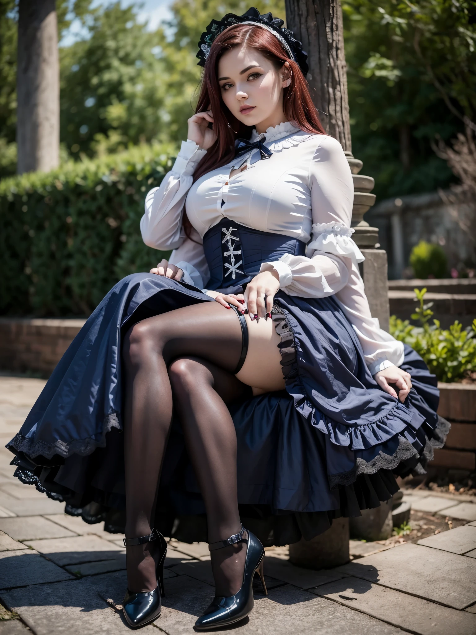 Goth ****ta girl, four arms, curvy, age 21, pale skin, dark eyes, sitting in an outdoor garden, dark blue elegant ****ta dress, dark red hair in white ribbons, knee high socks, black heels, legs crossed, very realistic,