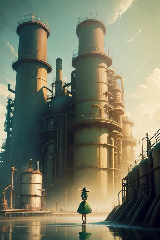 a woman standing in front of an oil refinery, a matte painting, inspired by Alejandro Burdisio, deviantart, magic realism, beautiful green liquid, angus mcbride, green water, american mcgee's alice
