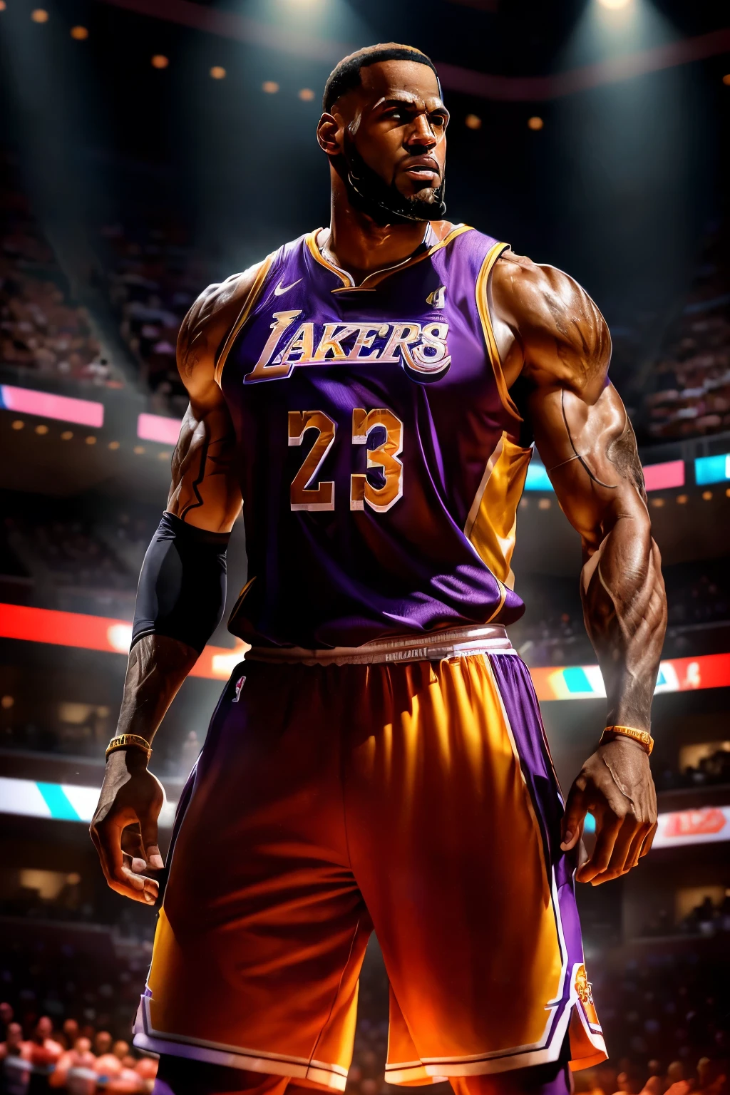 Movie-style CG image: Lebron James, clad in a tightly fitted Los Angeles Lakers basketball jersey, showcases his impressive physique with a powerfully executed bicep flex. The jersey material stretches tautly over his sculpted muscles, revealing the definition of his muscles in high contrast. The image is rendered in 8K with intricately detailed textures, displaying every crease and contour with lifelike realism. The scene features Lebron standing on a basketball court under the bright spotlight of the arena, the court's lines reflecting off his perspiration. The background is a vibrant, energetic crowd, their cheers amplified by dramatic lighting. The