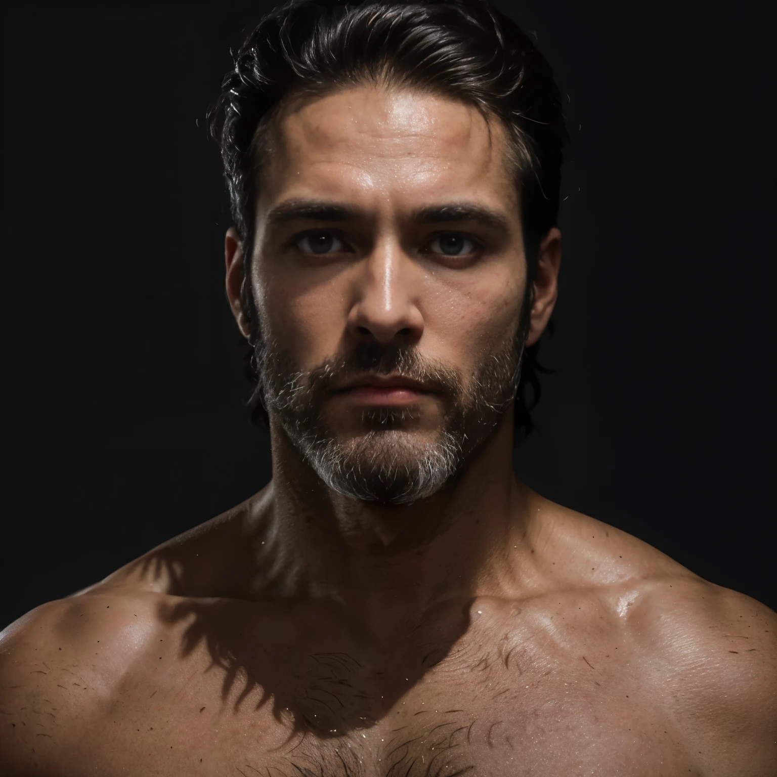 Retrato de hombre sin barba, Personas negras, symmetrical sides, Well-aligned face in the camera frame, Photograph of an adult man without a beard, sin barba, Hombre negro sin barba, Studio Photography, Imagen completa, Cerrar retrato, color photograph, shirtless, hairy legs, Modelo masculino, Hombre africano americano sin barba, full body shot, 40 year old, (textura de la piel), poros de la piel, poca profundidad de campo, Enfoque agudo de los ojos, cabello rizado