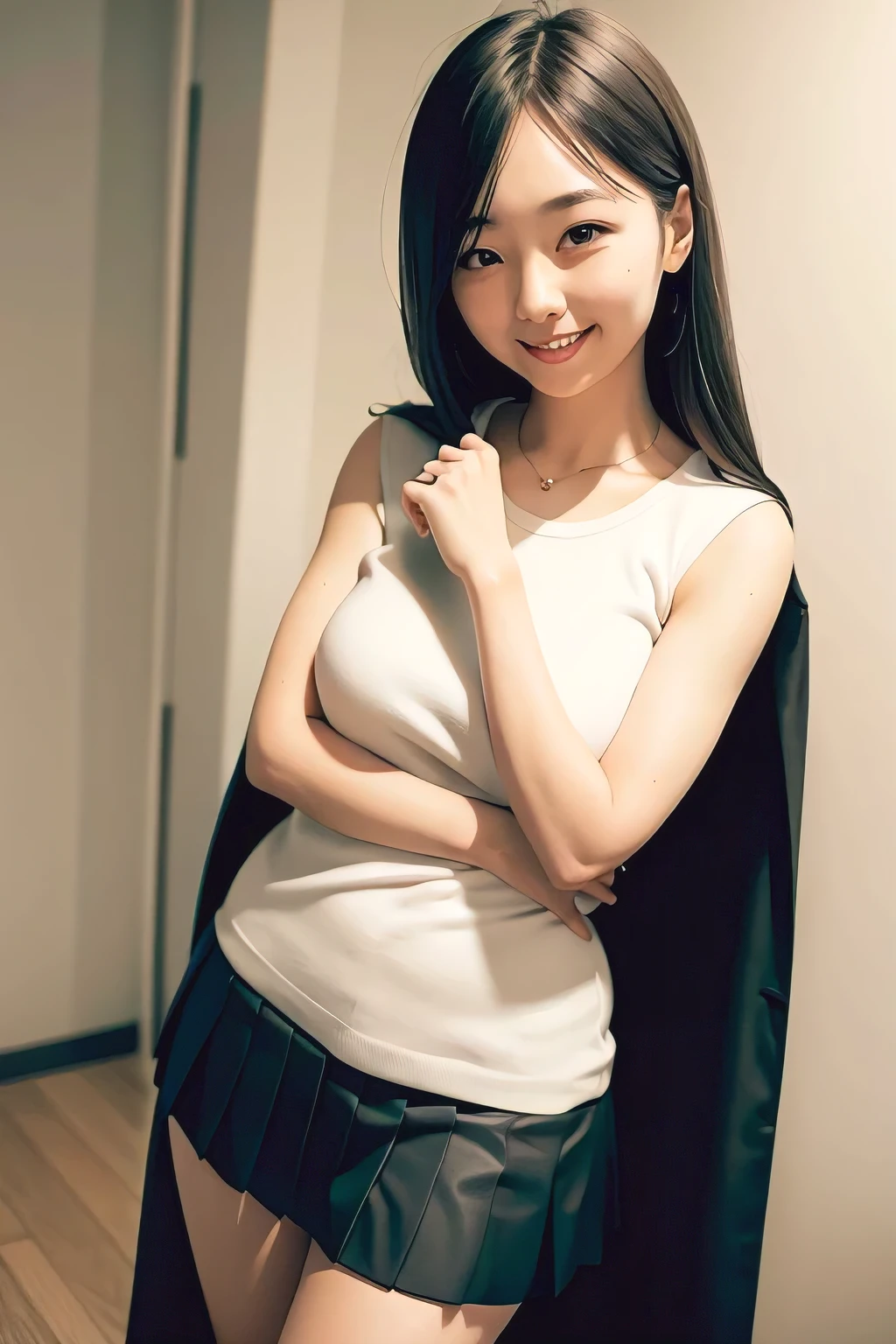 super mini skirt　もっとsuper mini skirt　pleats　Visible at the base of the thigh　smile　long hair