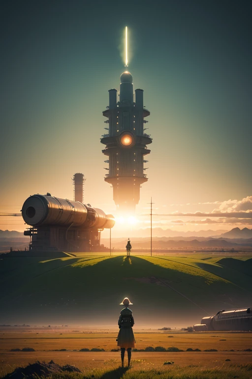 a woman standing on top of a lush green field, by Mike Winkelmann, nuclear art, stood in a factory, michael whelan and karol bak, overlooking a desolate wasteland, beeple and jeremiah ketner