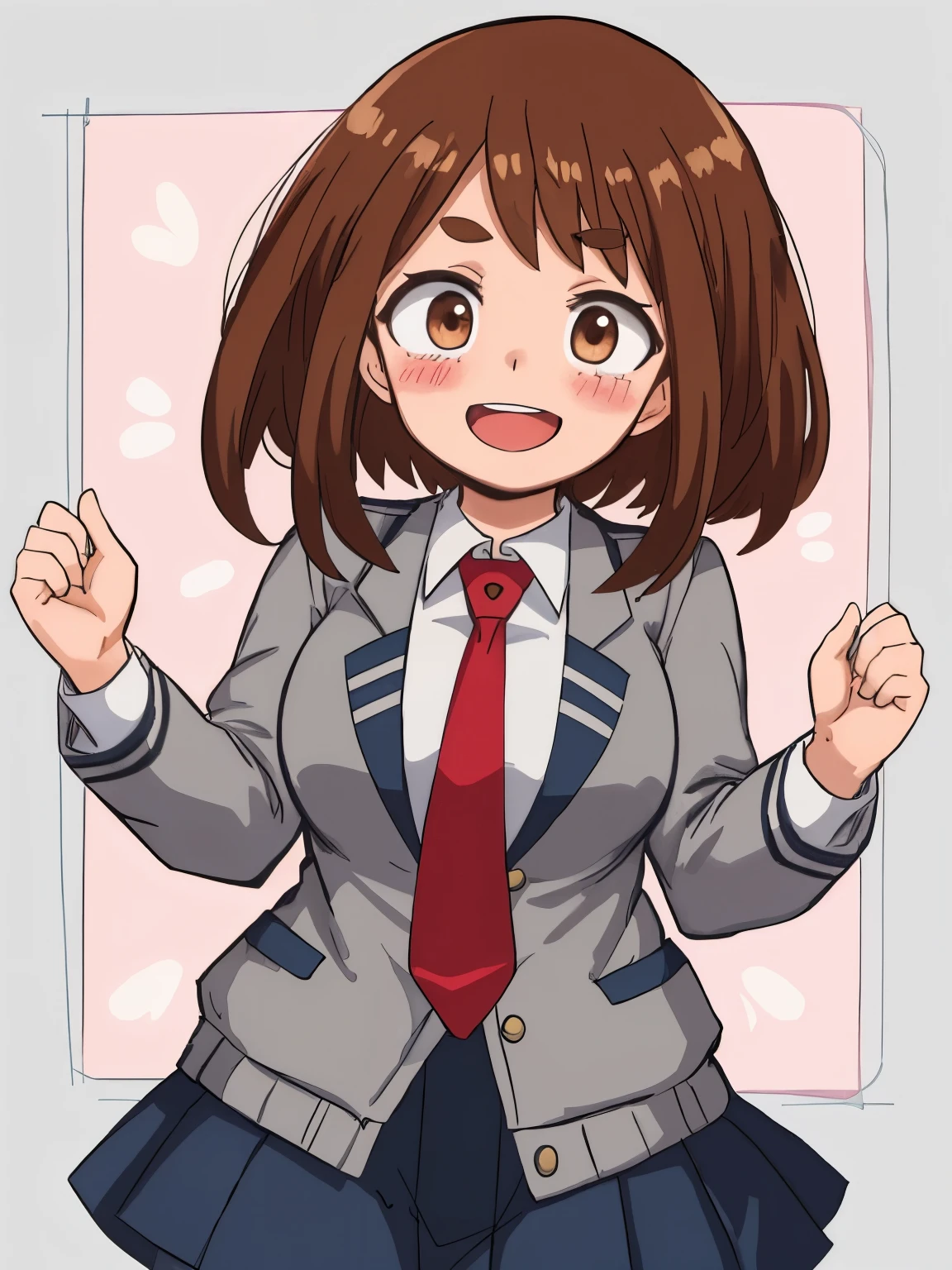 uraraka_ochako boku no hero academia 1girl, thick_eyebrows blush_stickers, brown_hair, brown_eyes, short_hair, sideburns,  medium breasts skindantation smile  :D blush  u.a._school_uniform, grey_jacket long_sleeves, white_shirt red_necktie, mos green pleated_skirt, black stocking:1.5