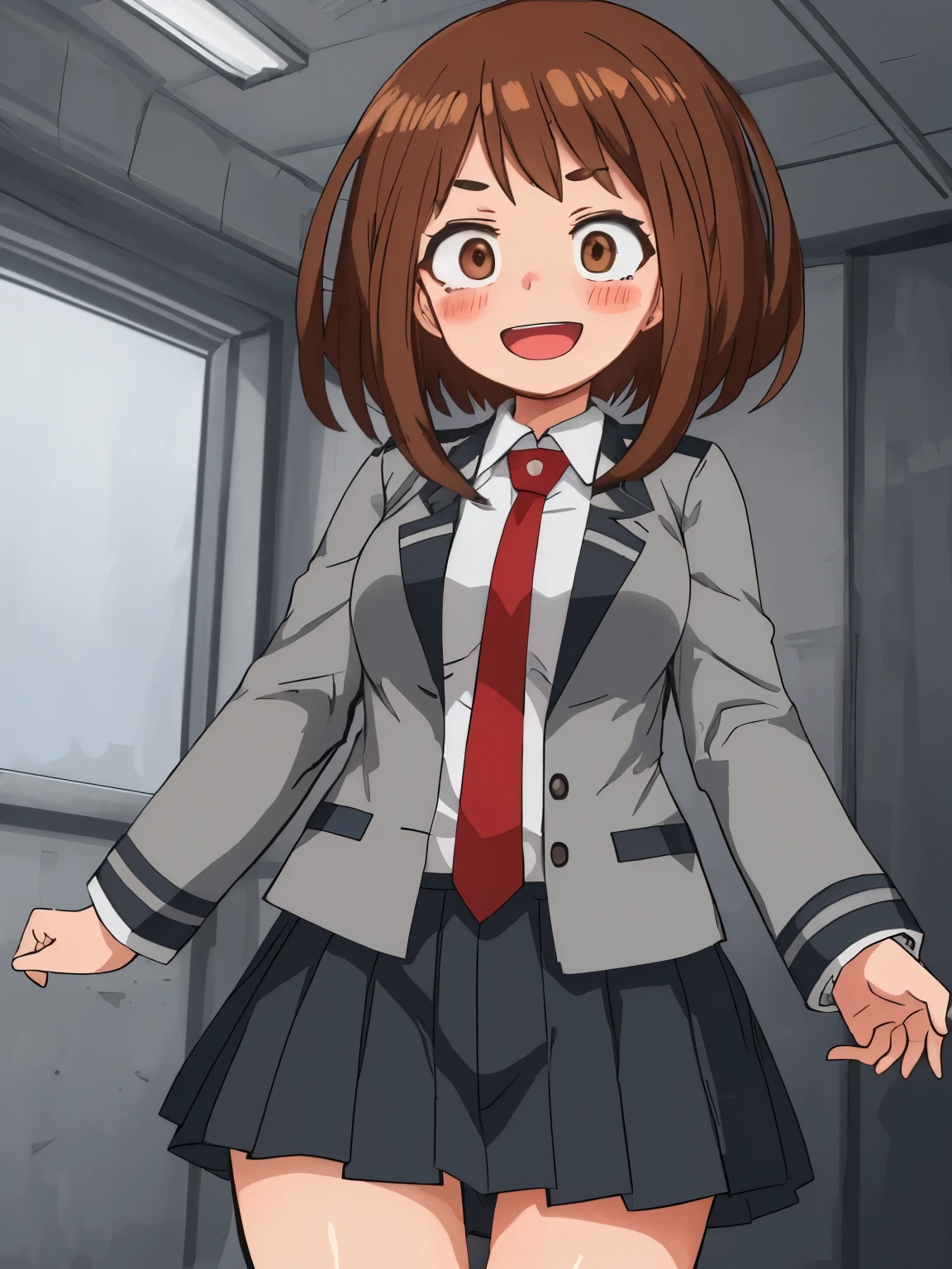 uraraka_ochako boku no hero academia 1girl, thick_eyebrows blush_stickers, brown_hair, brown_eyes, short_hair, sideburns,  medium breasts skindantation smile  :D blush  u.a._school_uniform, grey_jacket long_sleeves, white_shirt red_necktie, mos green pleated_skirt, black stocking:1.5