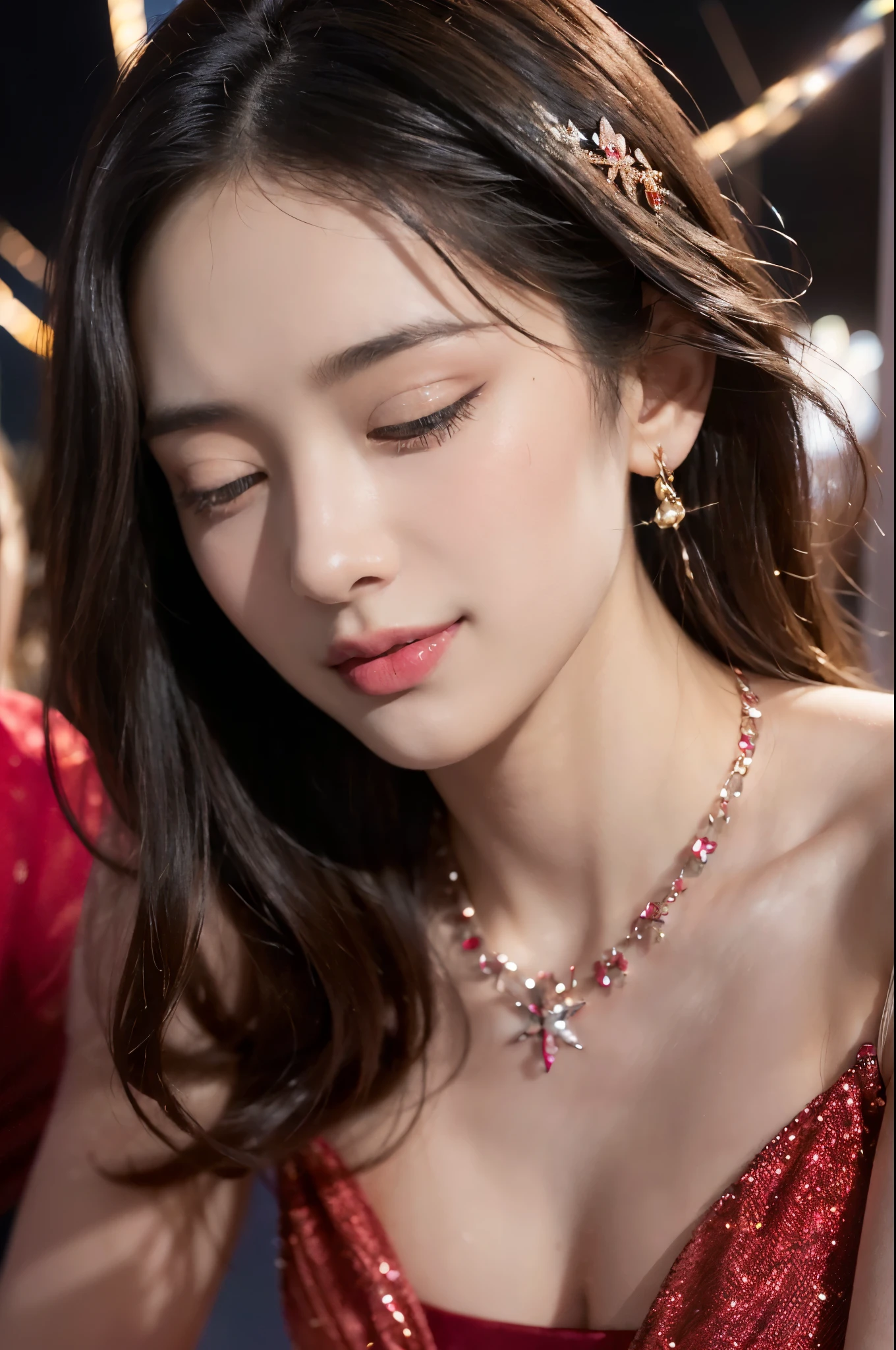 ((((8k))),((Extremely meticulous CG)),(wallpaper),16k,((Extremely refined and beautiful)),(((Masterpiece))),(((best qualtiy))),(((Ultra High Resolution))),beautiful light up,Perfect lightning,realistic shaded,(high resolution),(Smooth and flawless fair skin:1.5),(pale skin:1.3),Extremely exquisite facial details,(perfect body:1.1),ultra-detailed,a girl,solo,small head,(shoulder length straight bob hair:1.1),small face,Exquisite makeup,(close eyes:1.5),(fainting:1.3),(open mouth:1.3),(blush:1.3),(female orgasmic:1.5),(ahegao:1.1),(slim,thin),(happy:1.2),(smile:1.2),(small breasts:1.2),(flat chest:1.2),(Crystal Necklace:1.1),(Maxi Gorgeous sparkle red dress:1.5),(night scene:1.5),indoor,(standing On the dazzling stage:1.3),(Modern Cyberpunk Style:1.3),(Spring Festival festive atmosphere:1.3),(detailed background:1.5),(close-up of face:1.3),(from front:1.3),(bright light:1.3),
