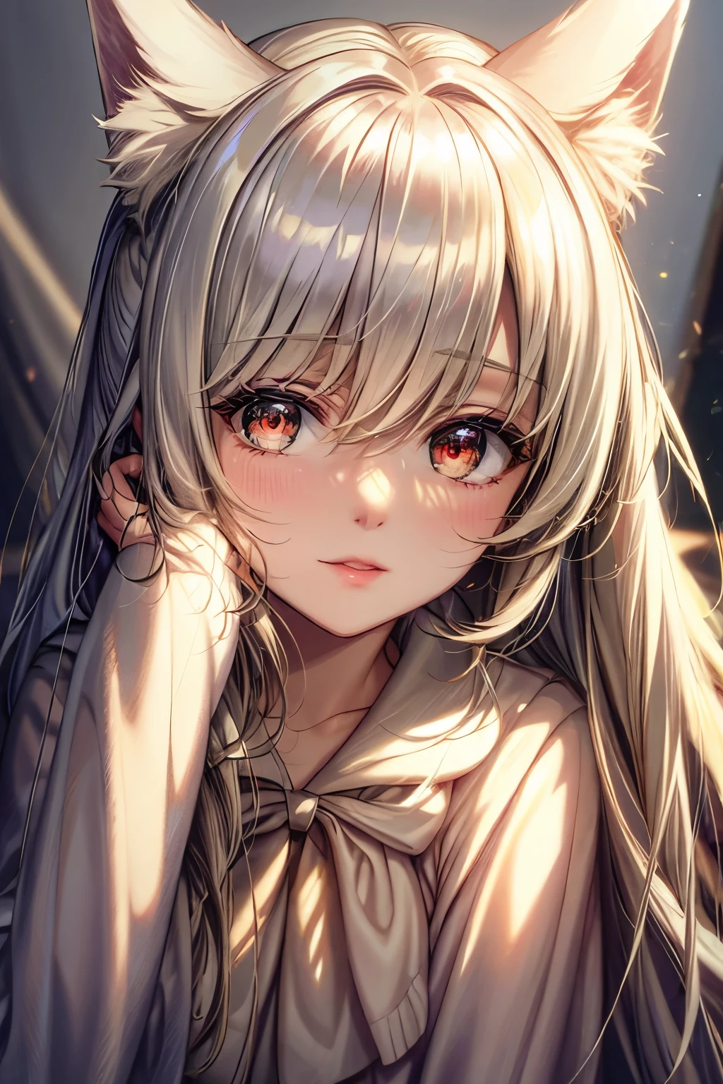 (best quality,4k,8k,highres,masterpiece:1.2),anime,white-haired girl,bunny ears,red eyes,shy blush,school uniform,detailed eyes and face,long eyelashes,soft and silky hair,peaceful expression,graceful pose,gentle smile,beautiful detailed lips,vivid colors,fantasy background,soft lighting,subtle shadows,whimsical atmosphere,dreamlike ambiance