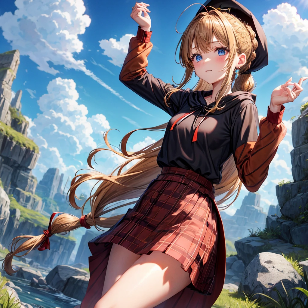 reddish-brown blonde、blue eyes、Braid、ponytail、one good looking girl、solo、anime、Plaid miniskirt、camisole、black t-shirt、dress、Doing the ribbon、Ribbon at waist、cloak、Crystal Grotto、wearing a hood、grass、clouds are swirling、stone slabs are piled up、One hand is raised、Wearing a baseball cap 、Pearl Earrings、sun