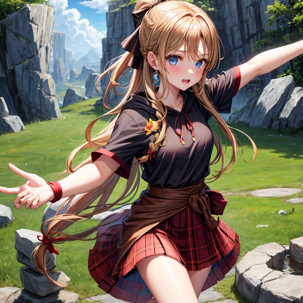 reddish-brown blonde、blue eyes、Braid、ponytail、one good looking girl、solo、anime、Plaid miniskirt、camisole、black t-shirt、dress、Doing the ribbon、Ribbon at waist、cloak、Crystal Grotto、wearing a hood、grass、clouds are swirling、stone slabs are piled up、One hand is raised、Wearing a baseball cap 、Pearl Earrings、sun