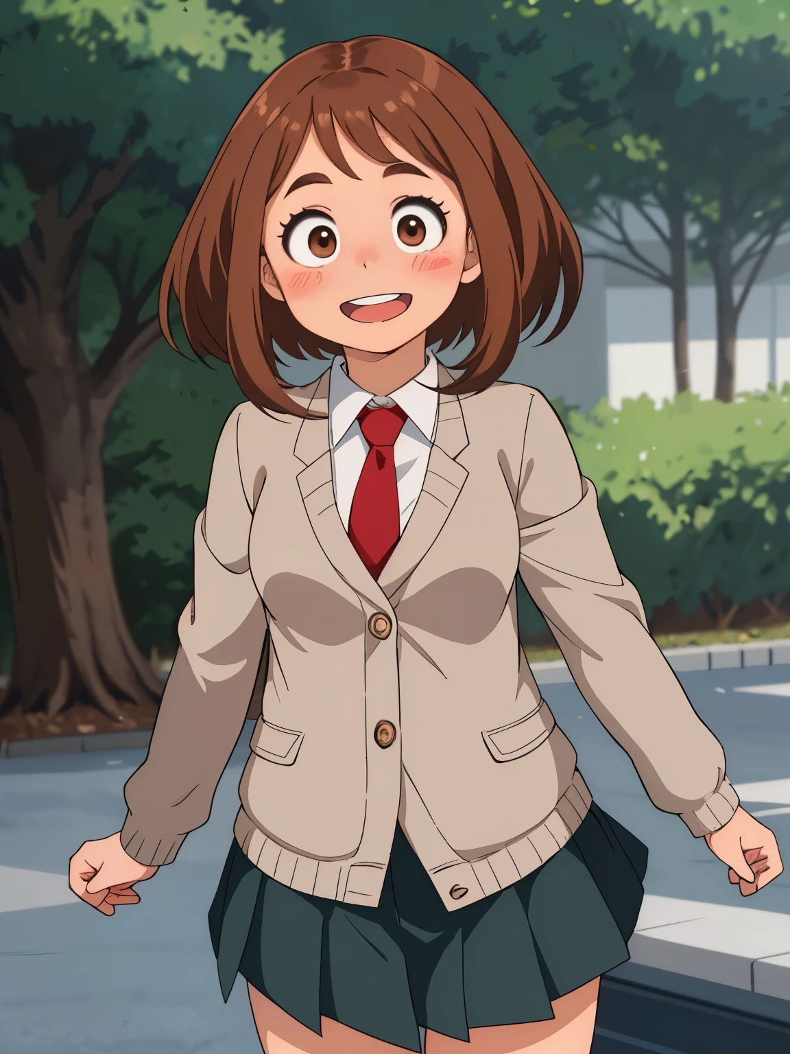 uraraka_ochako boku no hero academia 1girl, thick_eyebrows blush_stickers, brown_hair, brown_eyes, short_hair, sideburns,  medium breasts skindantation smile  :D blush  u.a._school_uniform, grey_jacket long_sleeves, white_shirt red_necktie, mos green pleated_skirt, black stocking:1.5