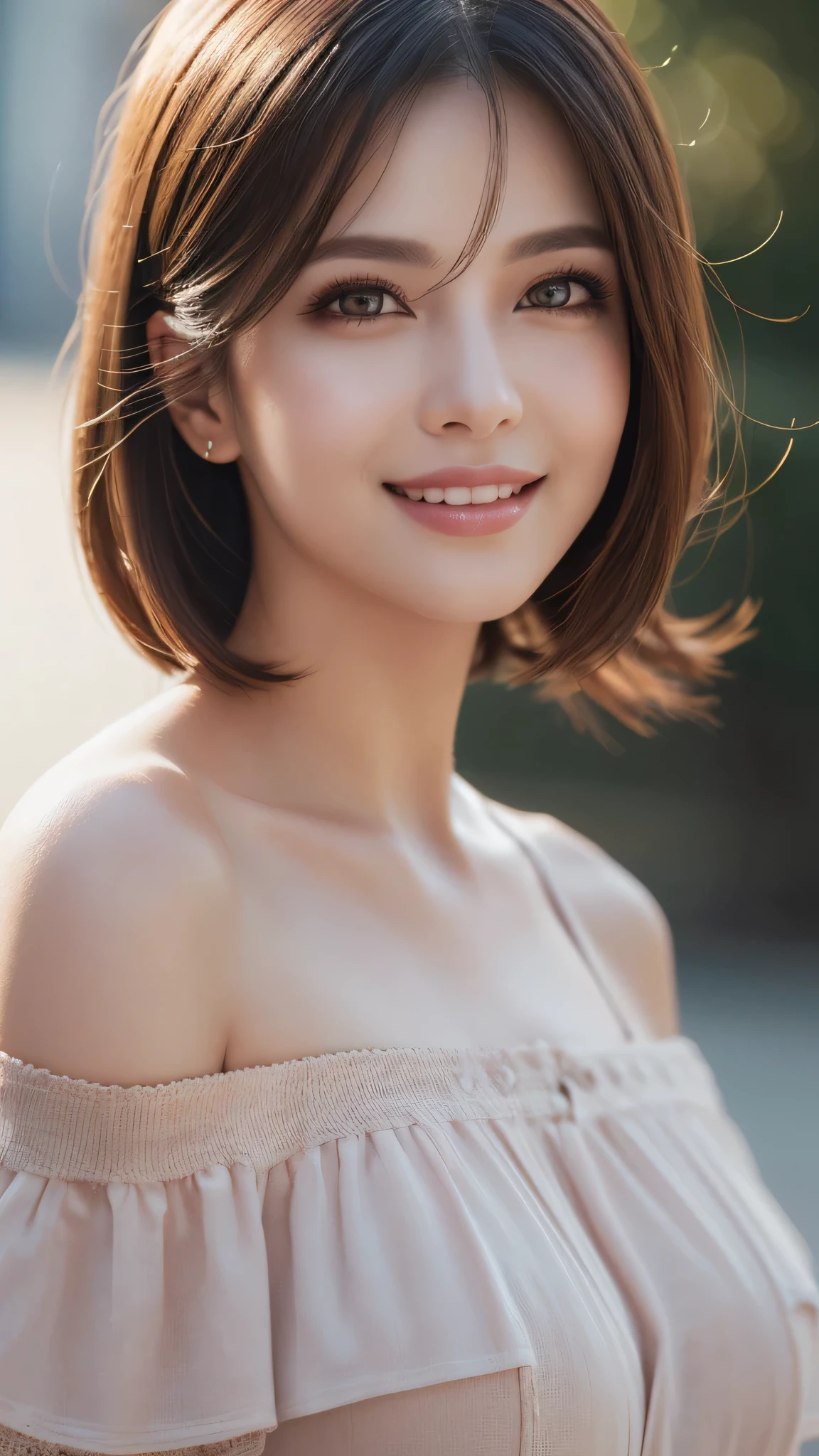 1woman, (Ultra realistic, high res), (highly detailed eyes, highly detailed hair, highly detailed face, highly detailed plump lips), (off shoulder), upper body, caute smile, (best quality:1.4), Raw photo, (realistic, photo-realistic:1.37), professional photography, cinematic light, (fine face: 1.2),
