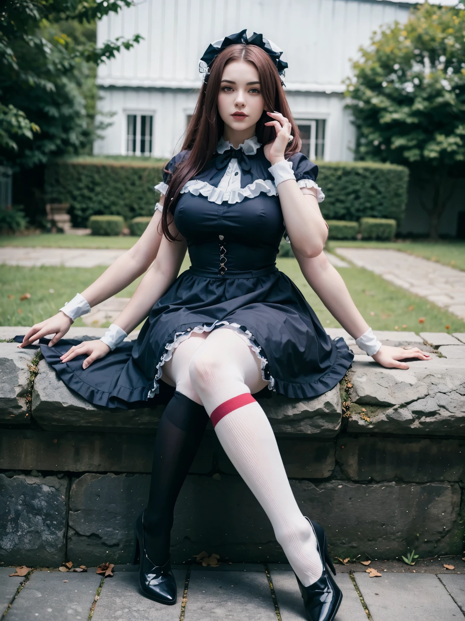 Goth ta girl, four arms, curvy, age 21, pale skin, dark eyes, sitting in an outdoor garden, dark blue elegant Loliress, dark red hair in white ribbons, knee high socks, black heels, legs crossed, very realistic,