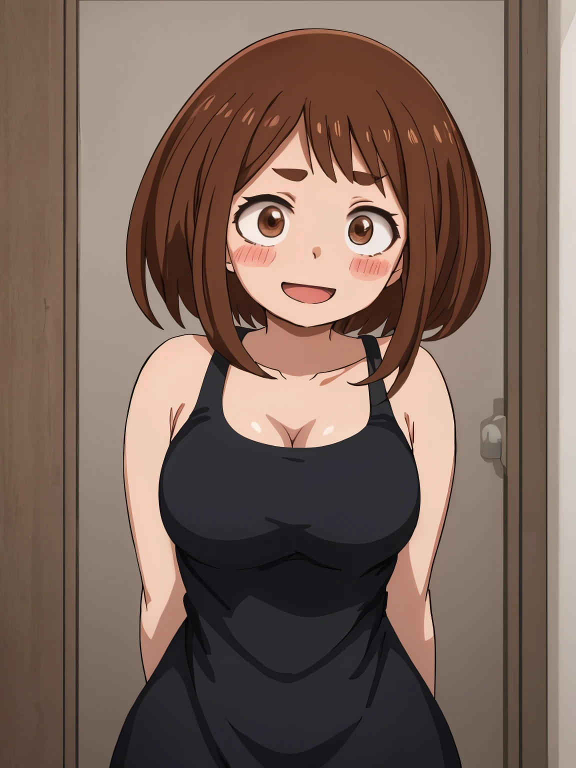 uraraka ochako boku no hero academia 1 girl, thick eyebrows blush stickers, brown hair, brown eyes, short hair, sideburns, medium breasts skindentation smile :D blush masterpiece, best quality, highres, hmochako, blush stickers, short hair, medium breasts. cleavage, collarbone, black shirt, sleeveless, standing, sliding doors,