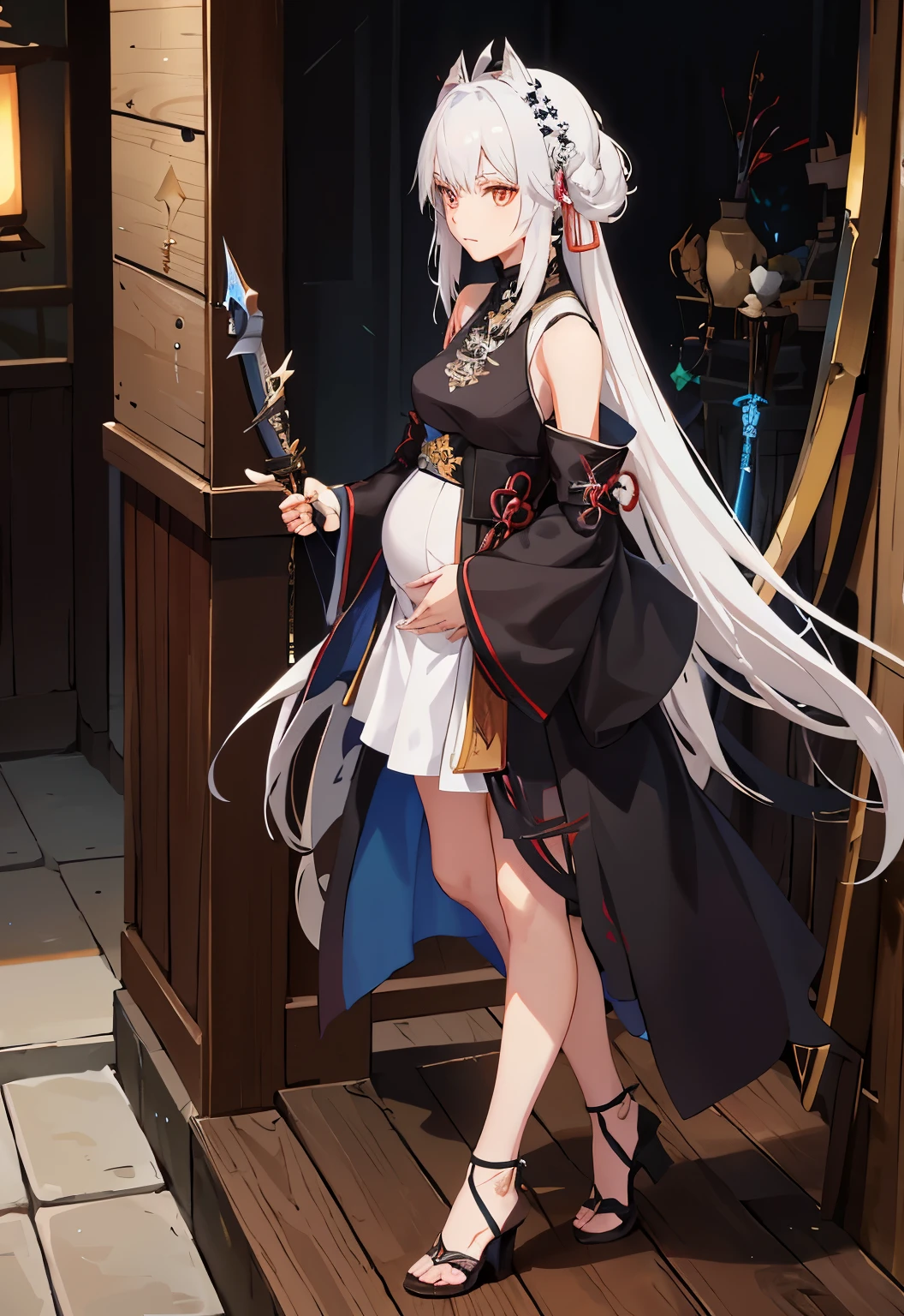 a woman in a dress holding a dagger and a dagger, video game character, from arknights, fox nobushi holding a dagger, hajime yatate, keqing from genshin impact, white haired deity, with small sword, ayaka genshin impact, female action anime girl, official character art, anime character, pregnant anime girl, fetus