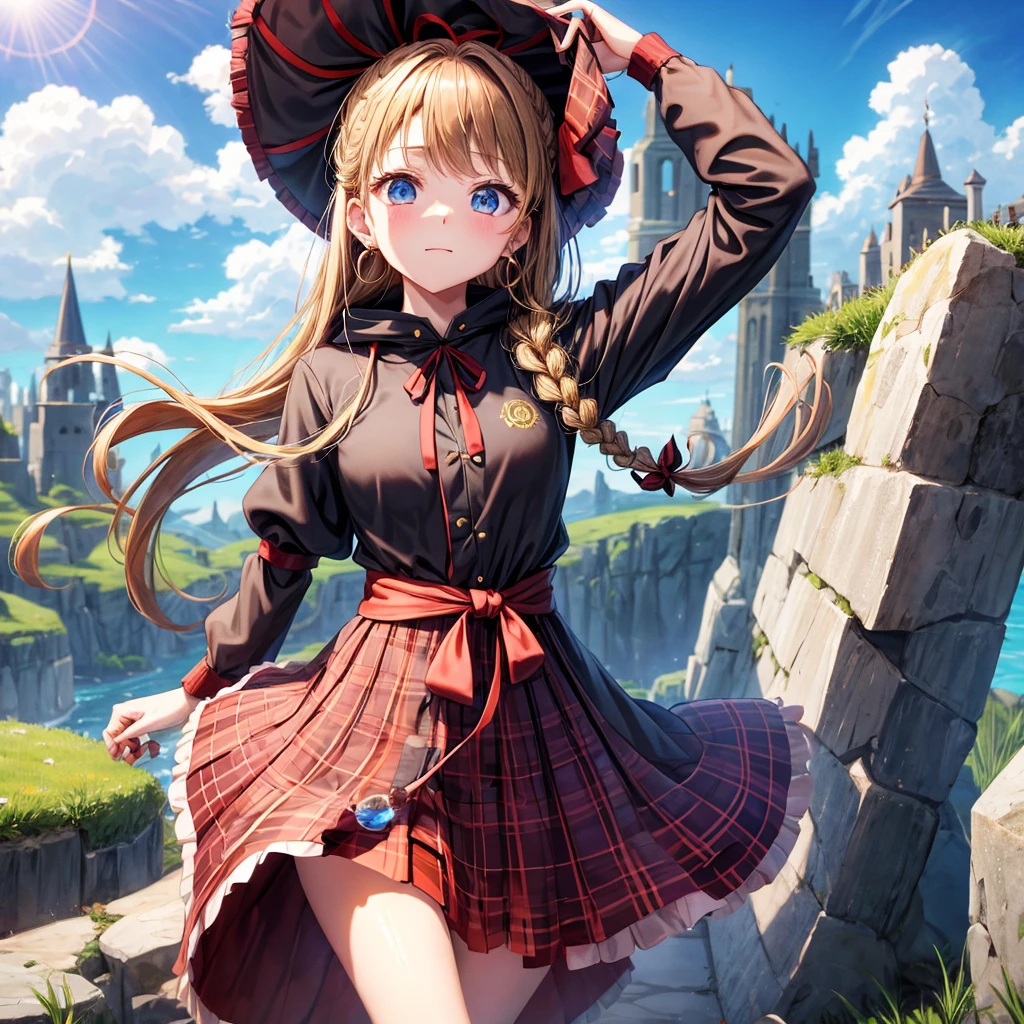 reddish-brown blonde、blue eyes、Braid、ponytail、one good looking girl、solo、anime、Plaid miniskirt、camisole、black t-shirt、dress、Doing the ribbon、Ribbon at waist、cloak、Crystal Grotto、wearing a hood、grass、clouds are swirling、stone slabs are piled up、One hand is raised、Wearing a baseball cap 、Pearl Earrings、sun