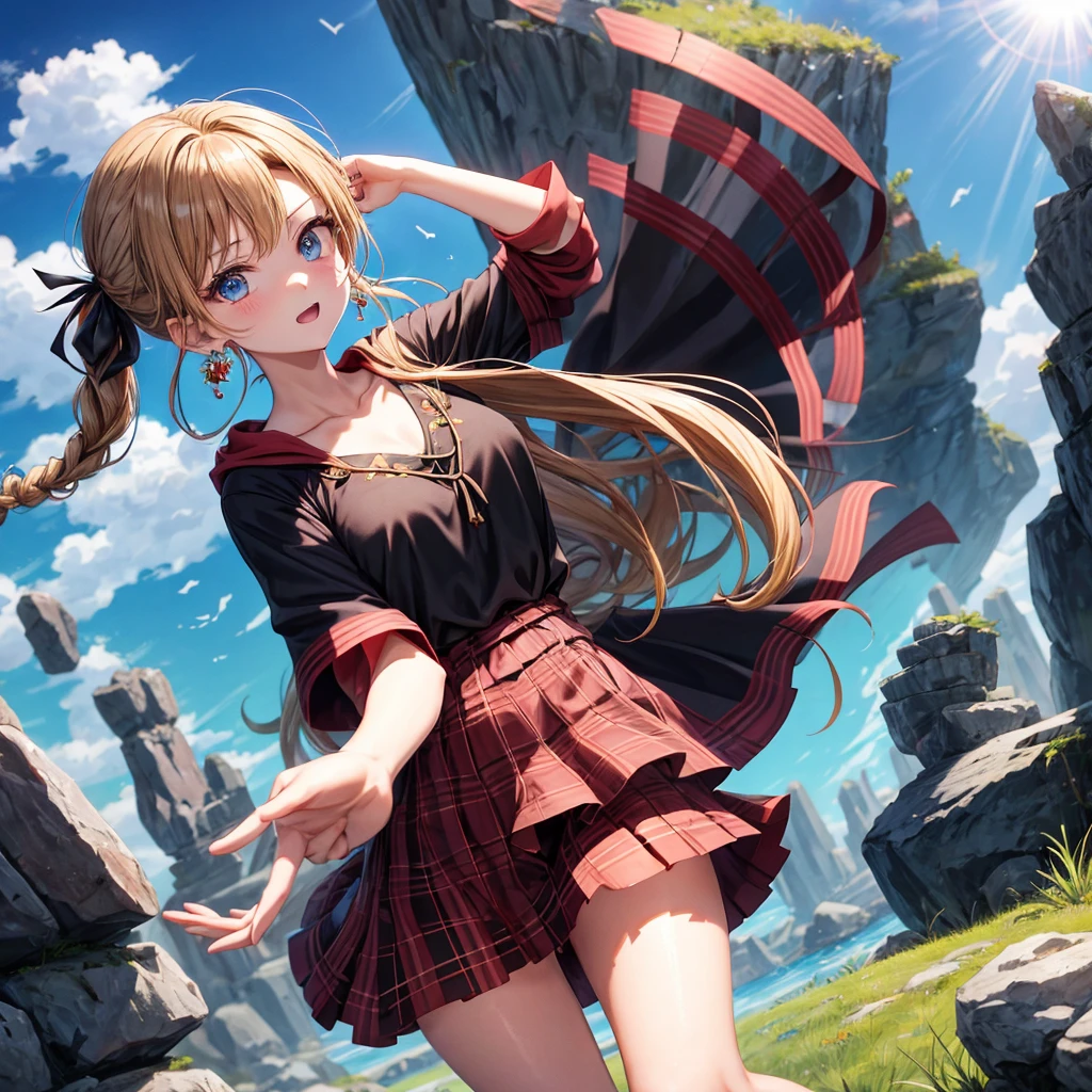 reddish-brown blonde、blue eyes、Braid、ponytail、one good looking girl、solo、anime、Plaid miniskirt、camisole、black t-shirt、dress、Doing the ribbon、Ribbon at waist、cloak、Crystal Grotto、wearing a hood、grass、clouds are swirling、stone slabs are piled up、One hand is raised、Wearing a baseball cap 、Pearl Earrings、sun