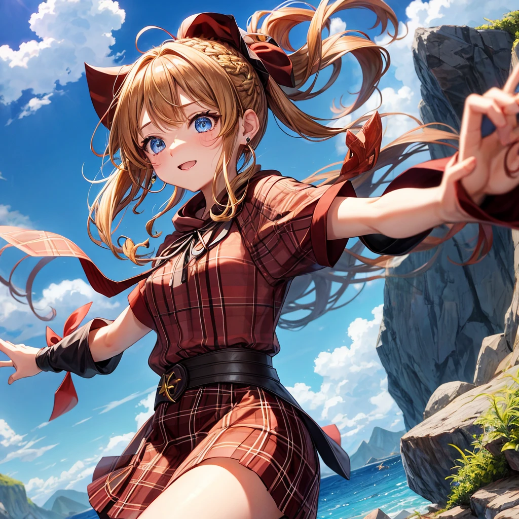 reddish-brown blonde、blue eyes、Braid、ponytail、one good looking girl、solo、anime、Plaid miniskirt、camisole、black t-shirt、dress、Doing the ribbon、Ribbon at waist、cloak、Crystal Grotto、wearing a hood、grass、clouds are swirling、stone slabs are piled up、One hand is raised、Wearing a baseball cap 、Pearl Earrings、sun