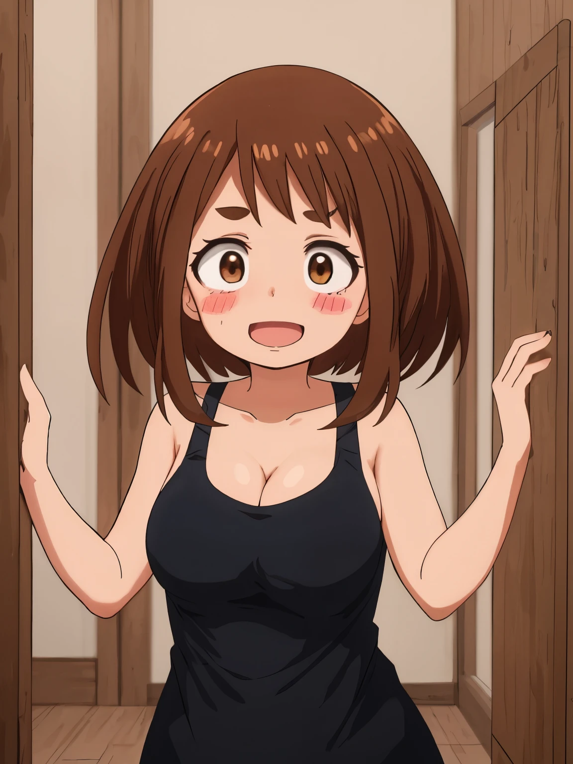 uraraka ochako boku no hero academia 1 girl, thick eyebrows blush stickers, brown hair, brown eyes, short hair, sideburns, medium breasts skindentation smile :D blush masterpiece, best quality, highres, hmochako, blush stickers, short hair, medium breasts. cleavage, collarbone, black shirt, sleeveless, standing, sliding doors,