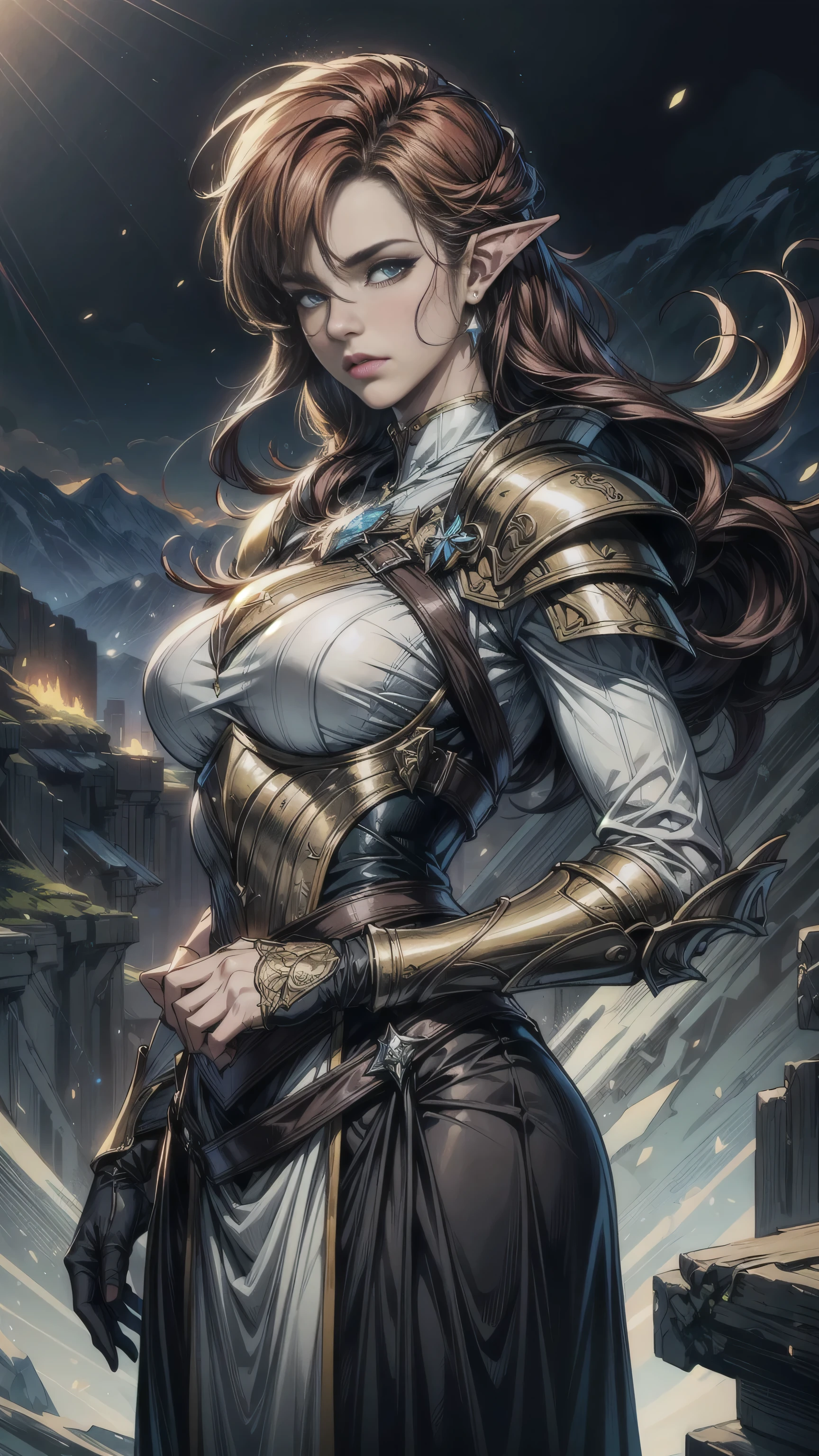 (best quality,ultra-detailed,realistic,highres:1.2),elfish nature,red-haired (royal knight:1.1) stands confidently in a grand and enchanting landscape. The knight wears a majestic plate armor that shines under the sunlight. Elvish ears peek out from beneath the knight's helmet, revealing their ethereal ancestry. (Eyes filled with determination:1.1) gaze forward with unwavering focus. An intricate and (colorful line art logo portrait:1.1) adorns the knight's armor, highlighting their prestigious status within the realm. The logo portrays symbols of valor, bravery, and heritage, symbolizing the knight's allegiance to the royal house. In the knight's hands, a legendary sword, bathed in a pulsing blue glow. The sword is held with both hands, radiating power and (divine energy:1.3). Each swing of the sword creates mesmerizing trails of light that cut through the air, leaving a lustrous mark. Frozen shards of ice are scattered around the knight, a testament to their mastery of the element. These shimmering fragments create an icy aura, adding an element of awe and magic to the scene. The air crackles with energy as shards slowly melt and evaporate into a misty vapor. The landscape surrounding the knight is breathtaking, filled with lush greenery, majestic mountains, and winding rivers. Rays of sunlight pierce through the thick foliage, casting a warm and gentle glow. The vibrant colors of nature harmonize with the knight's presence, reflecting the resilience of the kingdom. Capturing the essence of (portrait, concept art), this stunning masterpiece brings forth a sense of grandeur, power, and honor. It embodies the spirit of chivalry and the indomitable will of the royal knight, reminding all who gaze upon it of their duty to protect the realm.
