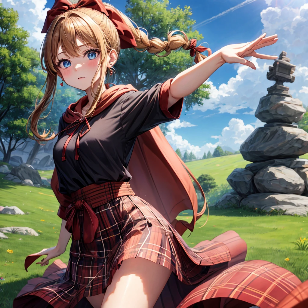 reddish-brown blonde、blue eyes、Braid、ponytail、one good looking girl、solo、anime、Plaid miniskirt、camisole、black t-shirt、dress、Doing the ribbon、Ribbon at waist、cloak、Crystal Grotto、wearing a hood、grass、clouds are swirling、stone slabs are piled up、One hand is raised、Wearing a baseball cap 、crystal earrings、sun
