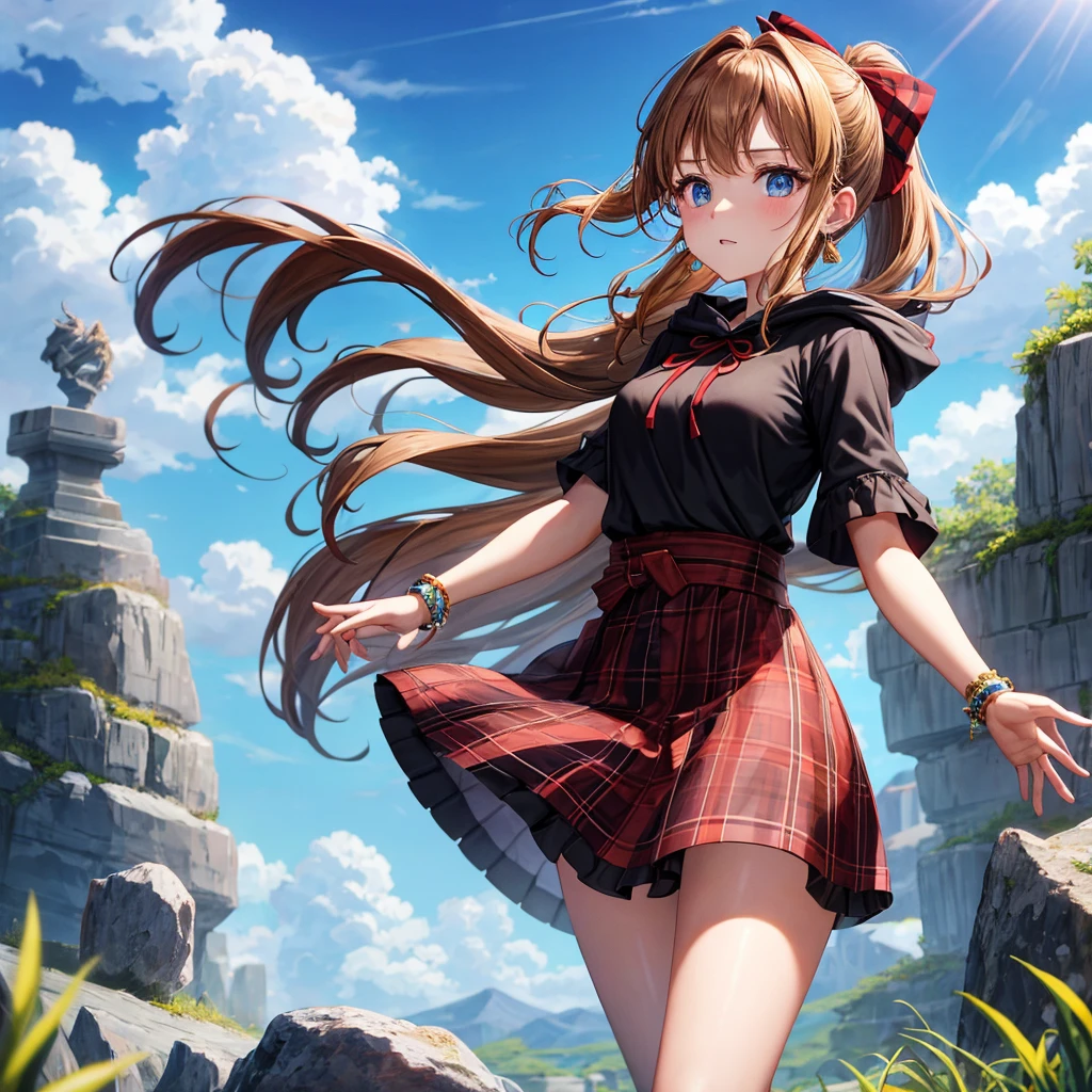 reddish-brown blonde、blue eyes、Braid、ponytail、one good looking girl、solo、anime、Plaid miniskirt、camisole、black t-shirt、dress、Doing the ribbon、Ribbon at waist、cloak、Crystal Grotto、wearing a hood、grass、clouds are swirling、stone slabs are piled up、One hand is raised、Wearing a baseball cap 、crystal earrings、sun