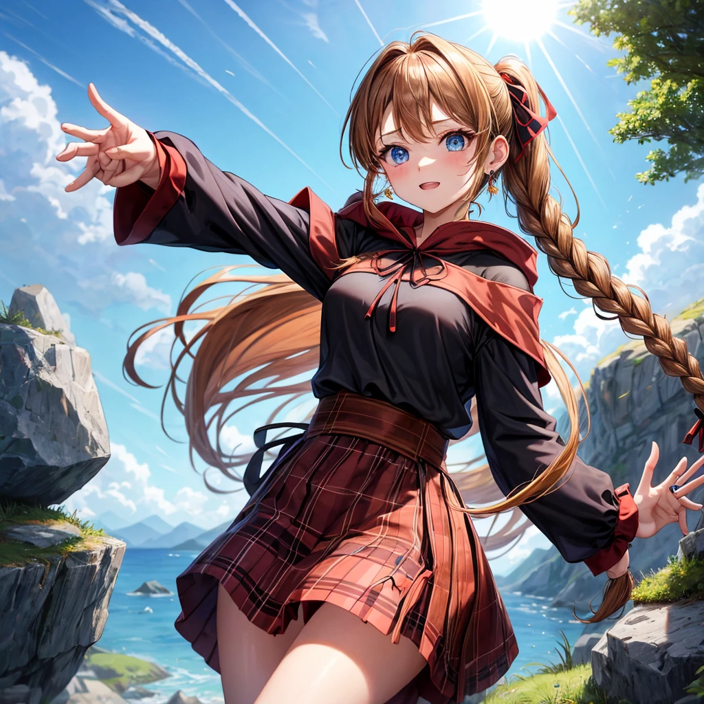 reddish-brown blonde、blue eyes、Braid、ponytail、one good looking girl、solo、anime、Plaid miniskirt、camisole、black t-shirt、dress、Doing the ribbon、Ribbon at waist、cloak、Crystal Grotto、wearing a hood、grass、clouds are swirling、stone slabs are piled up、One hand is raised、Wearing a baseball cap 、crystal earrings、sun