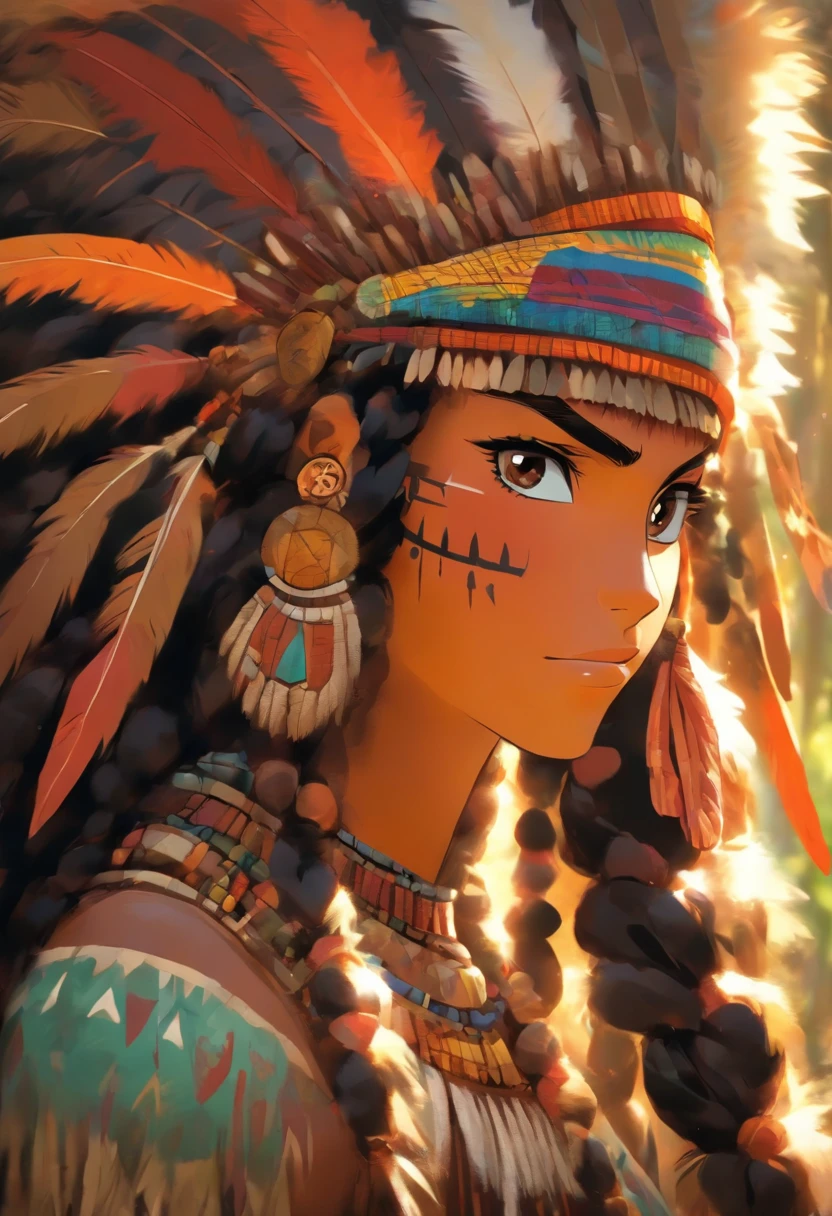 a native Brazilian indigenous person She is standing, em um ambiente de floresta tropical, She also wears necklaces and bracelets made from seeds and shells., that symbolize the connection with nature. Her dark hair is adorned with multicolored feathers., exibindo sua cultura e individualidade. His face is marked by tribal paintings, que representam a ancestralidade e a identidade de sua tribo.