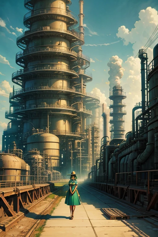 a woman standing in front of an oil refinery, a matte painting, inspired by Alejandro Burdisio, deviantart, magic realism, beautiful green liquid, angus mcbride, green water, american mcgee's alice
