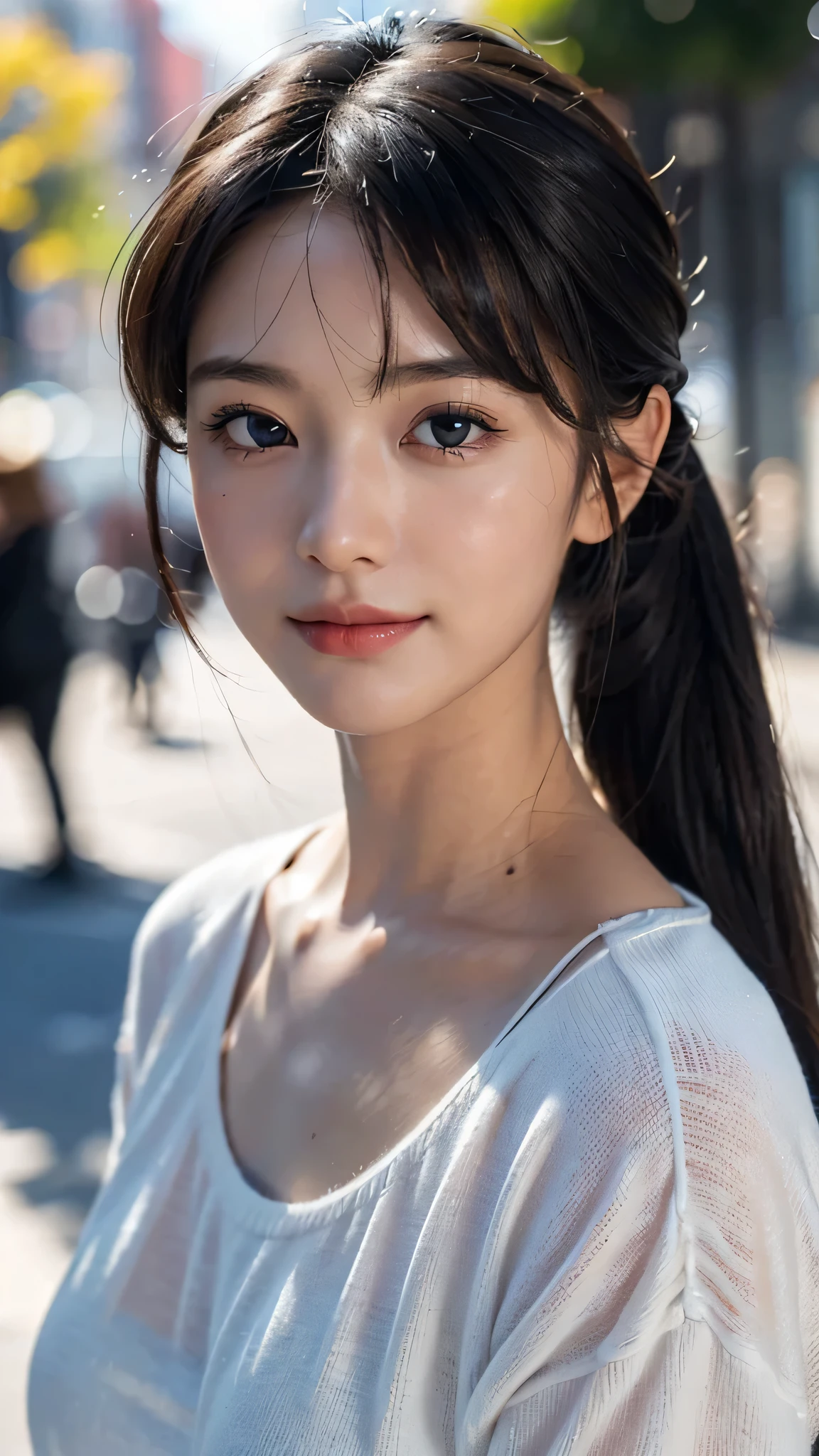 One woman,fully body photo,masutepiece, The highest image quality, High quality, the background is clear,Beautiful woman, Japanese, Detailed, Detailed eyes, Detailed skin, Beautiful skin, 超hight resolution, (reality: 1.4),Very beautiful woman, Slightly younger face, Beautiful skin, slender, (Ultra photo realsisim), (hight resolution), (8K), (Very detailed) (beautifully detailed eyes), (super detailed), (Detailed face), view the viewer, Fine details, Detailed face, Staring straight ahead, Staring straight ahead, photos realistic, Bright lighting, Professional Lighting, Black hair,poneyTail,a baby face,sixteen years old,髪型はponeyTail,ロングのponeyTailの髪型,slight smile,Long Sleeve Knitwear,European Streets